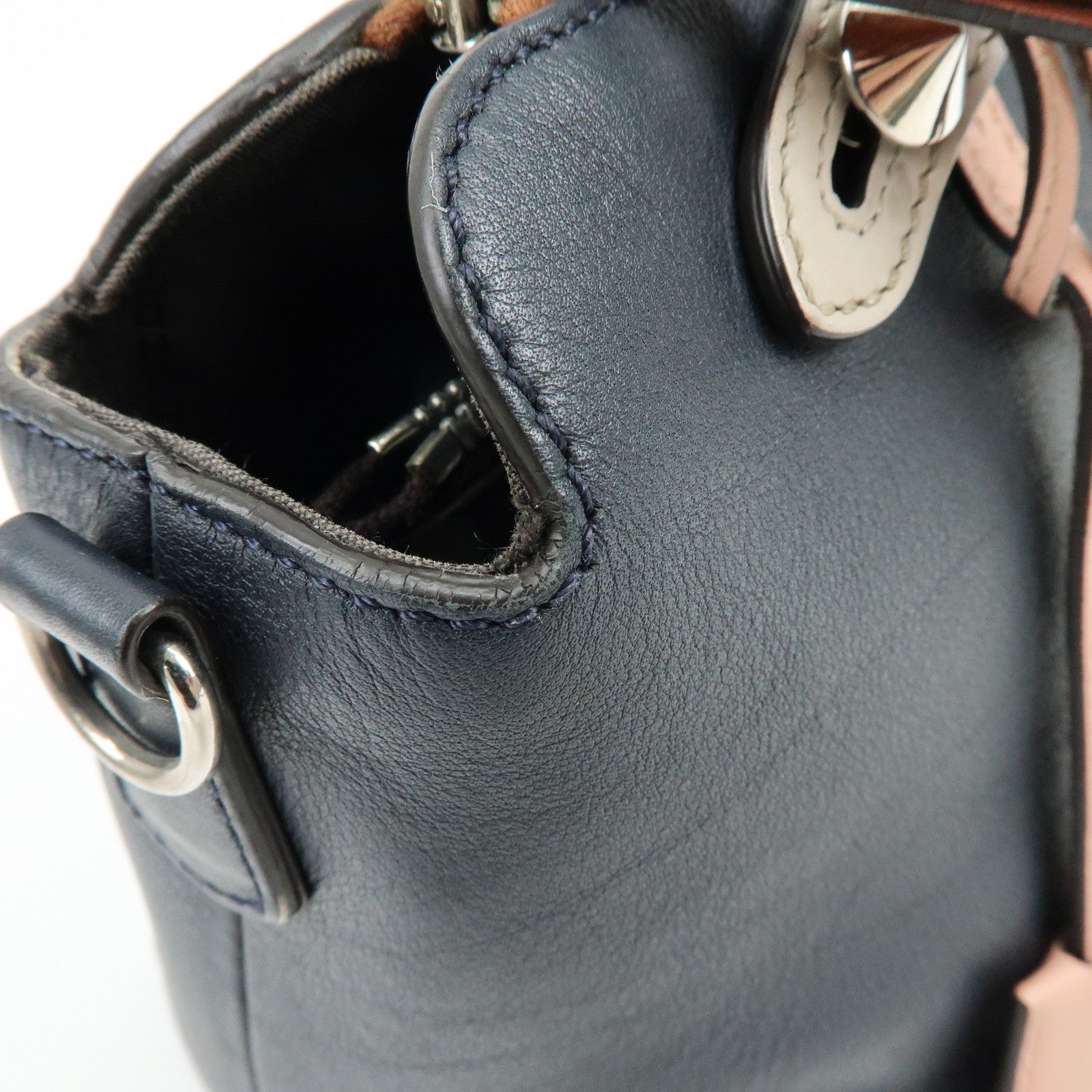 FENDI By The Way Medium Leather 2Way Hand Shoulder Bag Navy 8BL124