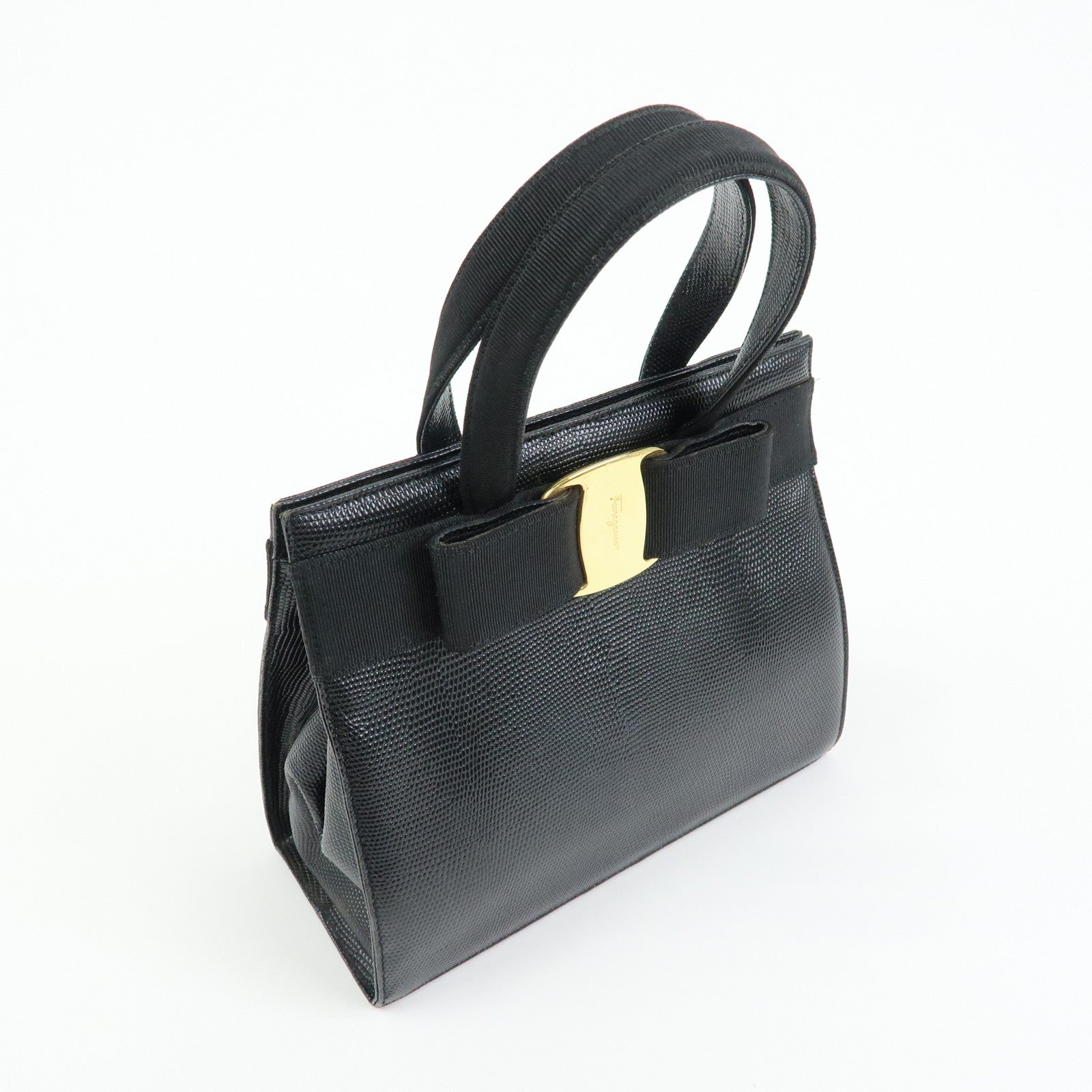 Ferragamo Vara Ribbon Embossed Leather Canvas 2Way Hand Bag Black