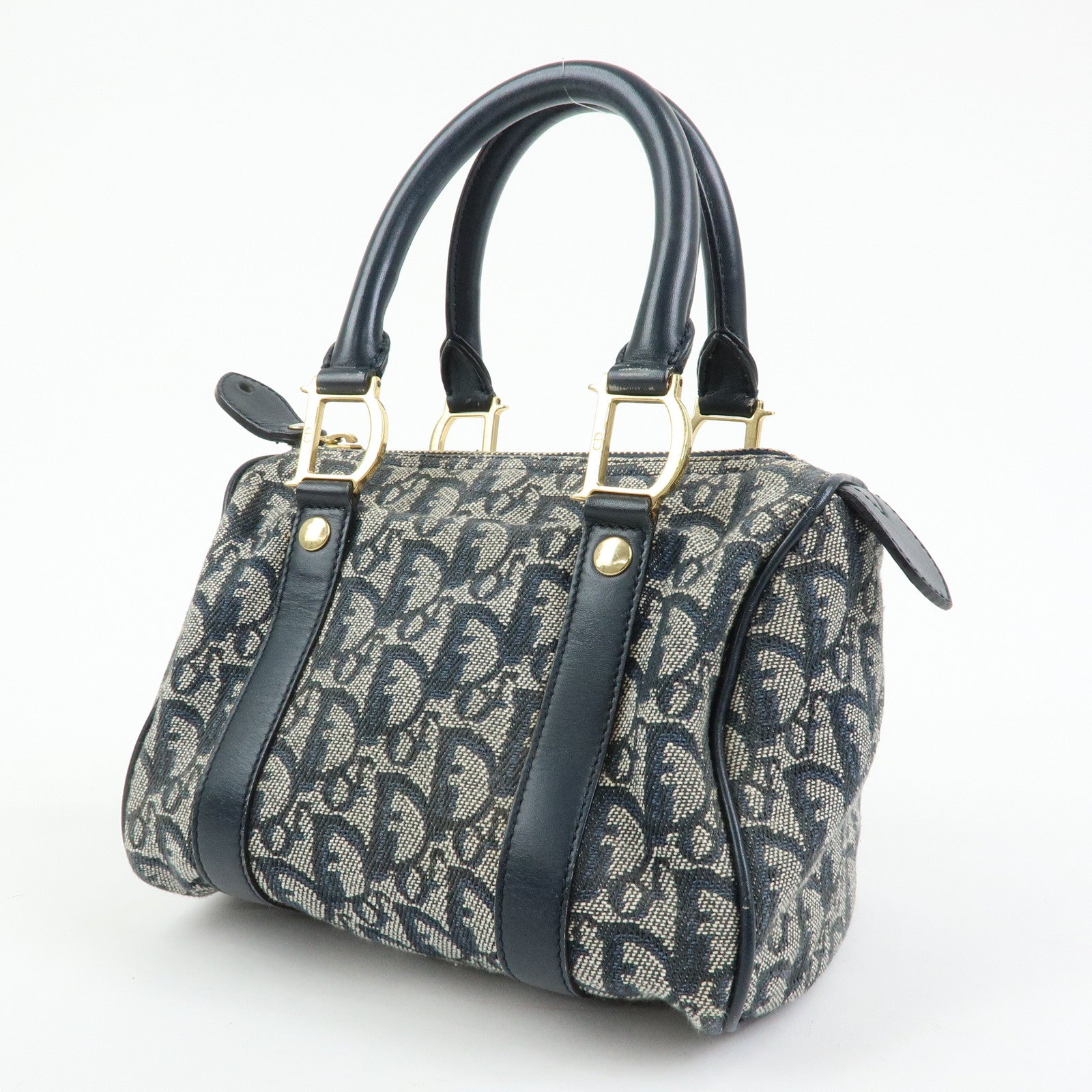 Christian Dior Trottern Jacquard Leather Mini Boston Bag Hand Bag Navy