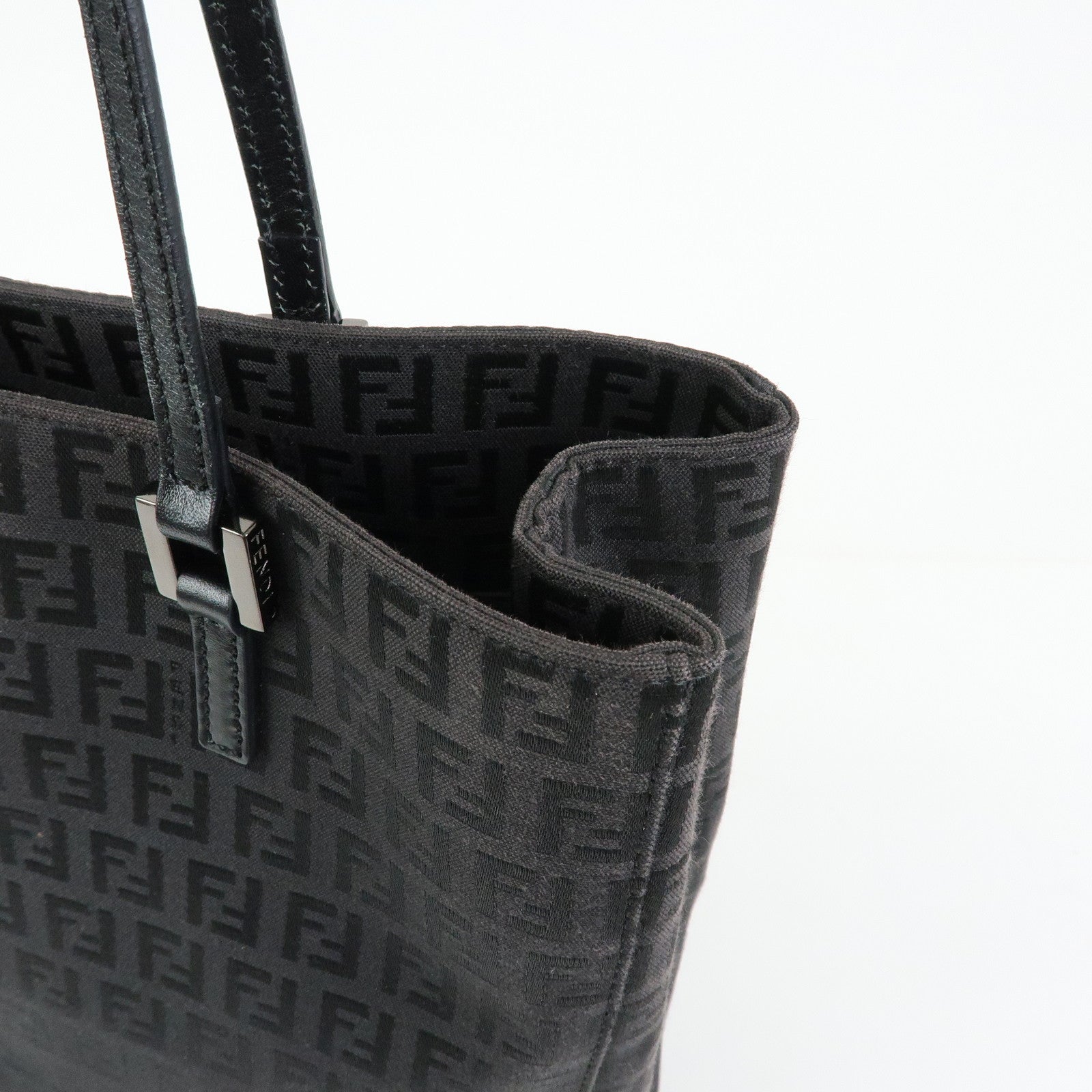 FENDI Zucchino Canvas Leather Tote Hand Bag Black 8BH131