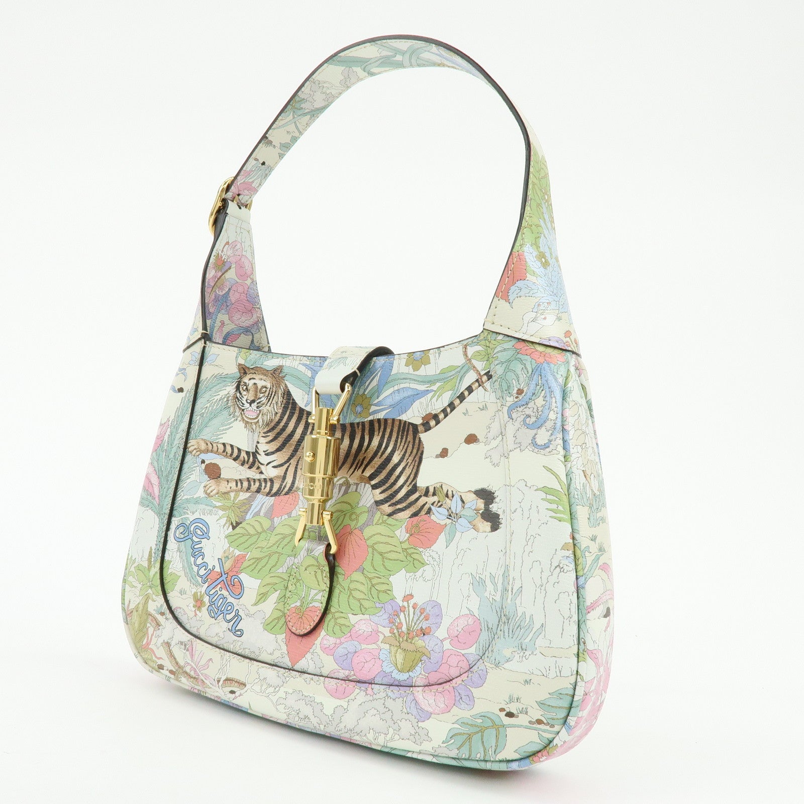 GUCCI Jackie 1961 Tiger Leather Shoulder Bag White Multicolor 636709