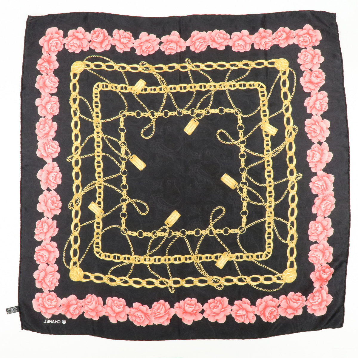 CHANEL Lot of 2 Silk 100% Scarf Flower Jewelry Motif Black Gold