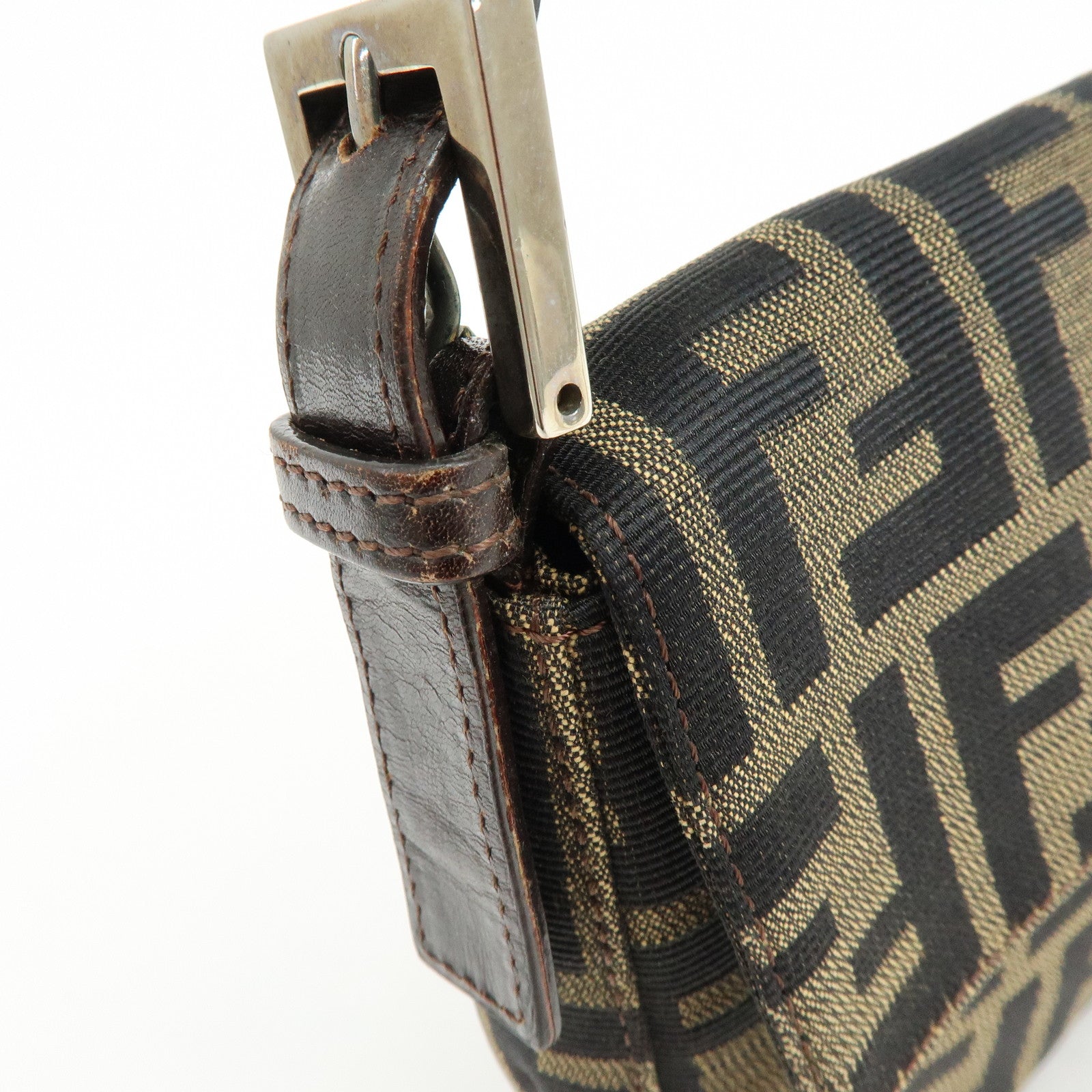 FENDI Mamma Baguette Jacquard Canvas Leather Shoulder Bag Brown 26424