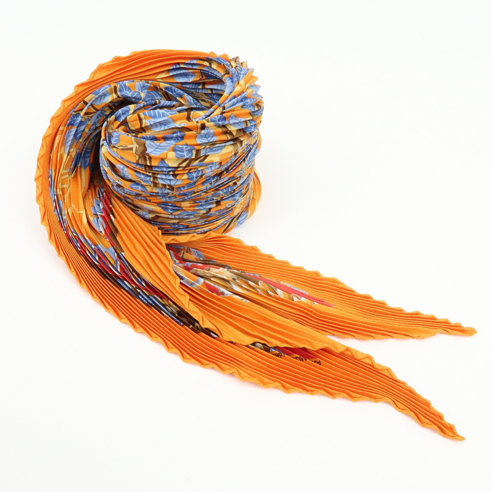 HERMES Pleated Carre Silk 100% Scarf AXIS MUNDI Orange Light Blue