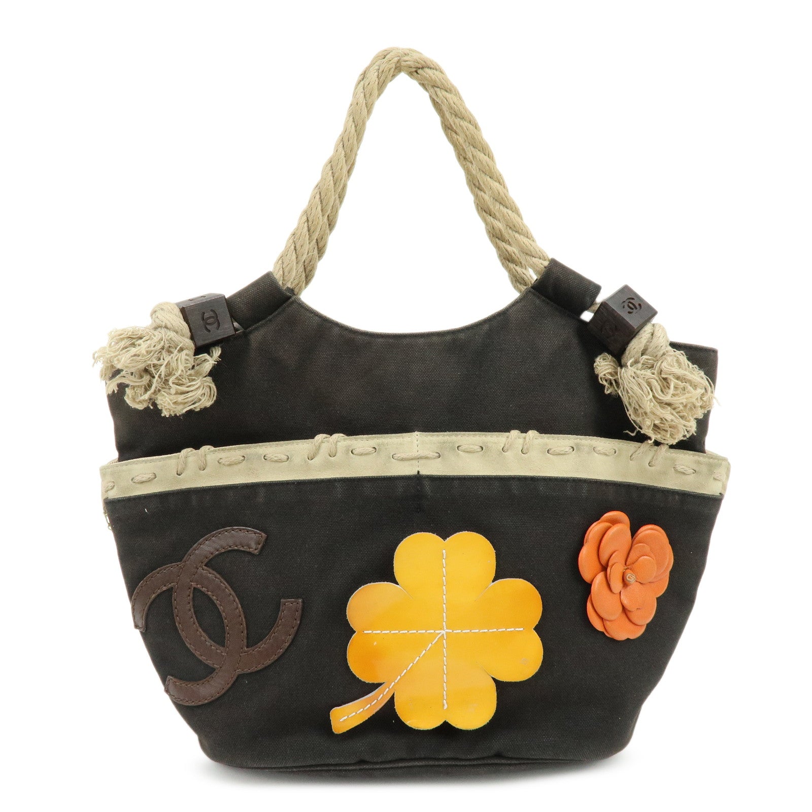 CHANEL COCO Mark Cruise Collection Camellia Canvas Rope Tote Bag Black