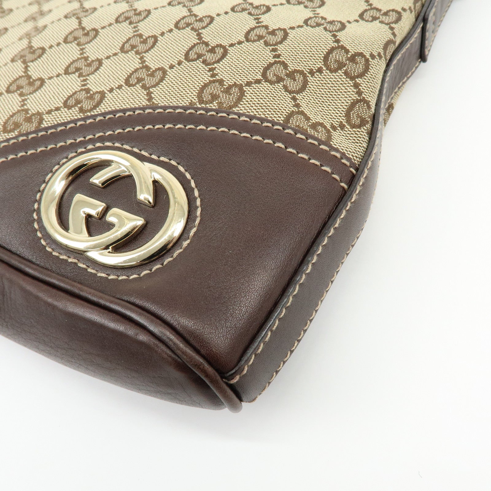 GUCCI Interlocking G Canvas Leather Shoulder Bag Hand Bag Beige Brown