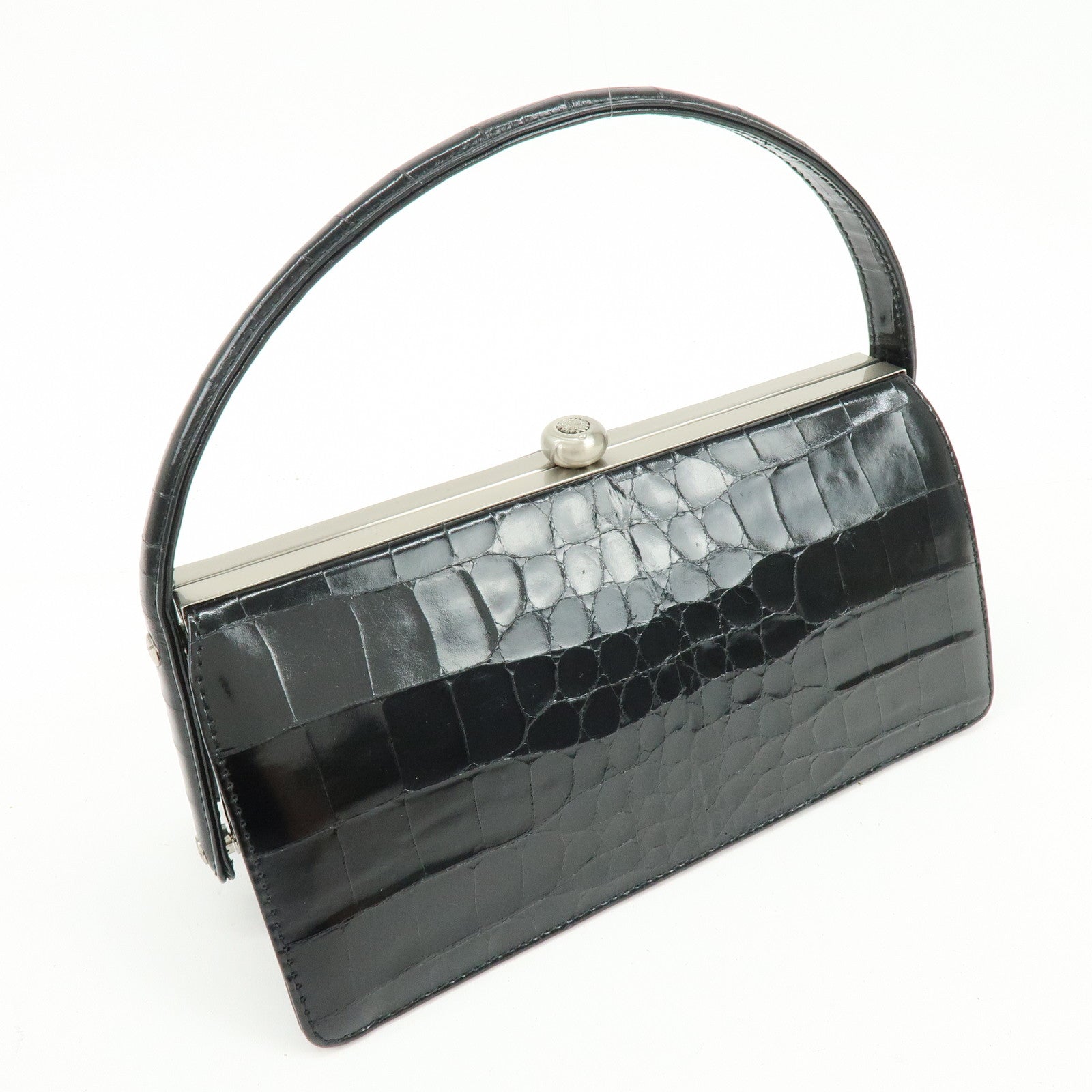 GIANNI VERSACE Embossed Leather Kiss Lock Top Handle Hand Bag Black
