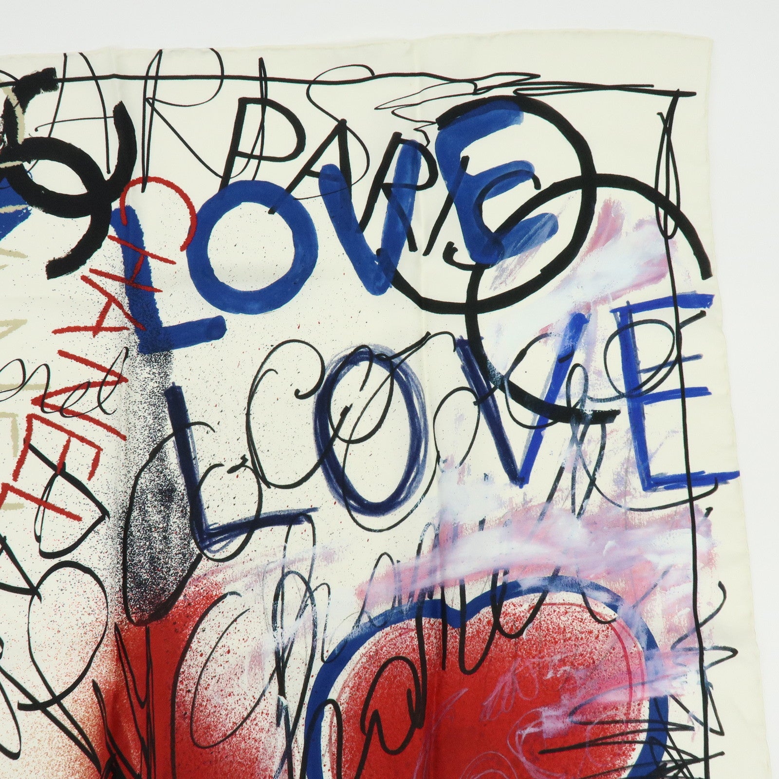 CHANEL Silk 100% Scarf Graffiti Painting LOVE  White Blue Red Black