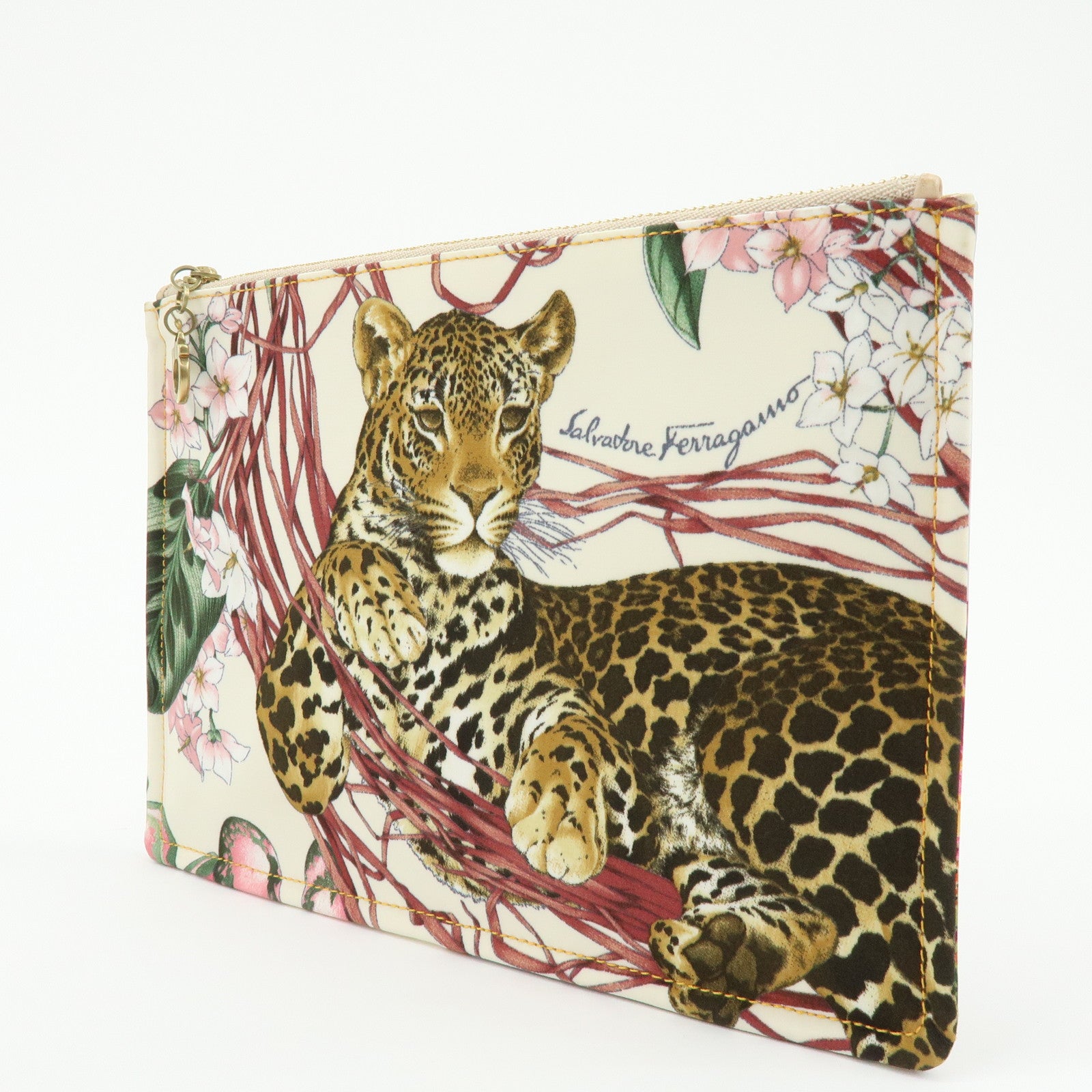 Ferragamo Gancini Nylon Leopard Flat Pouch Beige Pink