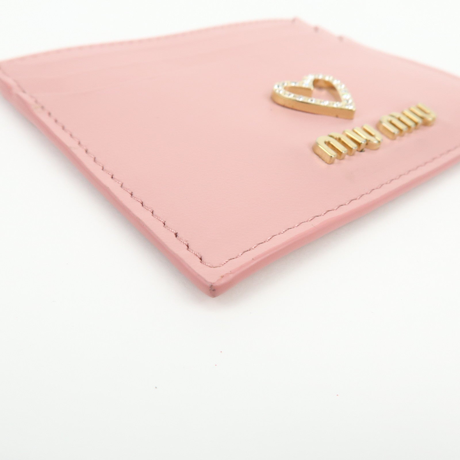MIU MIU Leather Card Case Valentine Limited Heart Motif Rhinestone Pink