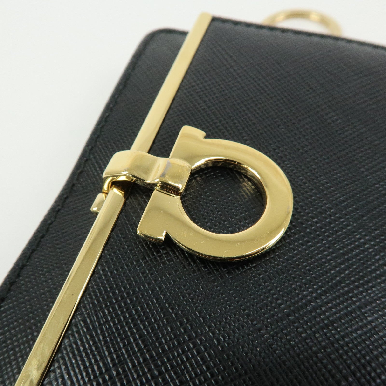 Ferragamo Gancini Embossed Leather Card Case Card Holder Black