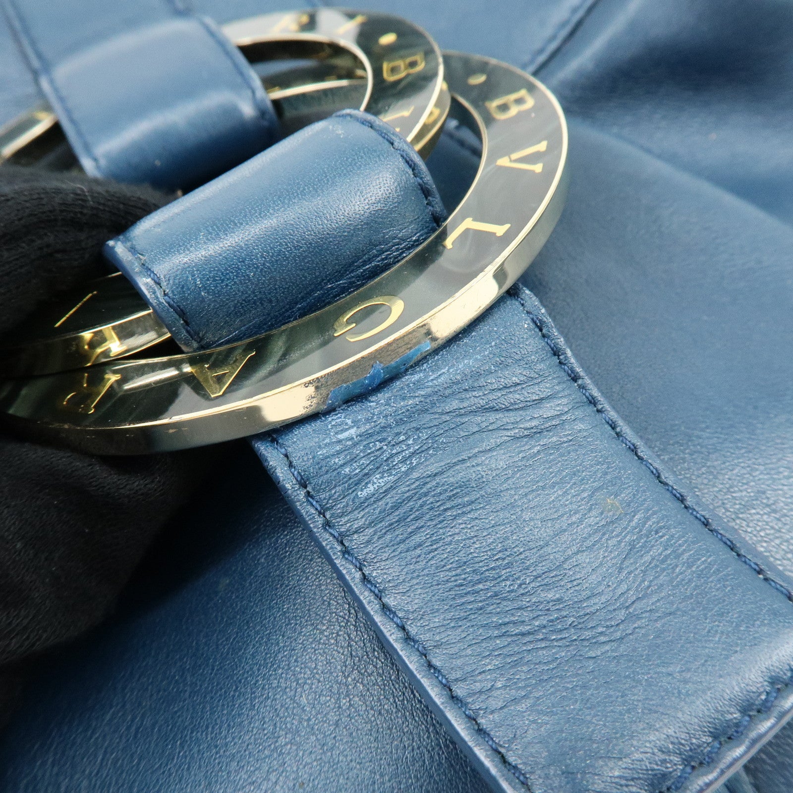 BVLGARI Chandra Leather Shoulder Bag Double Circle Ring Turquoise Blue