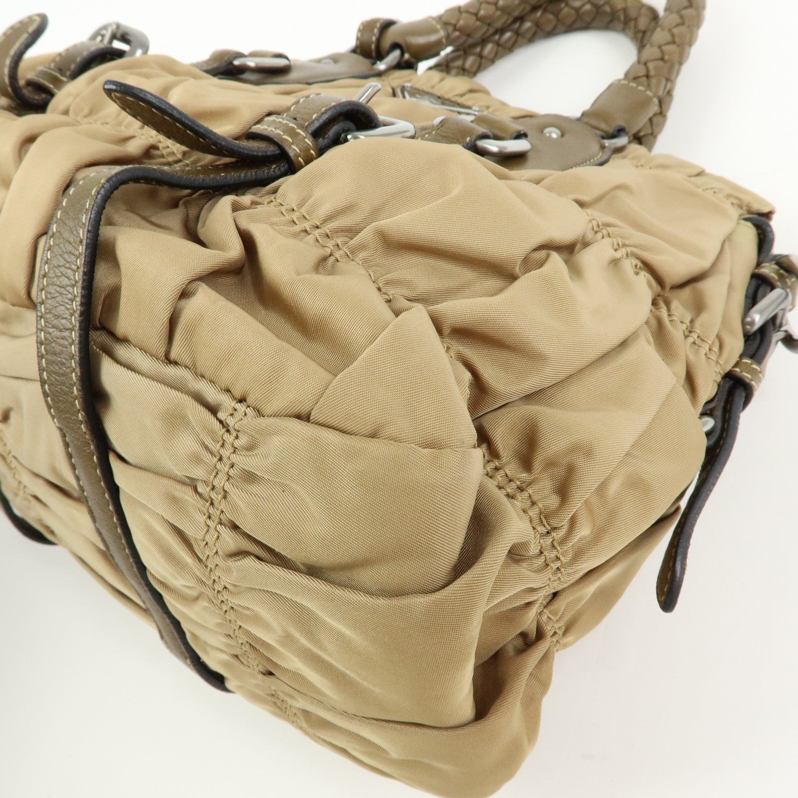 PRADA Triangle Logo Nylon Leather Tessuto Gaufre Hand Bag Brown