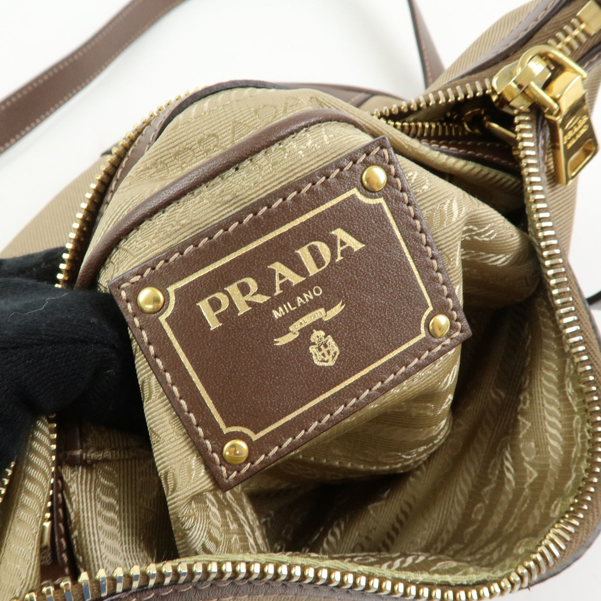 PRADA Jacquard Canvas Leather Shoulder Bag Crossbody Bag Beige Brown
