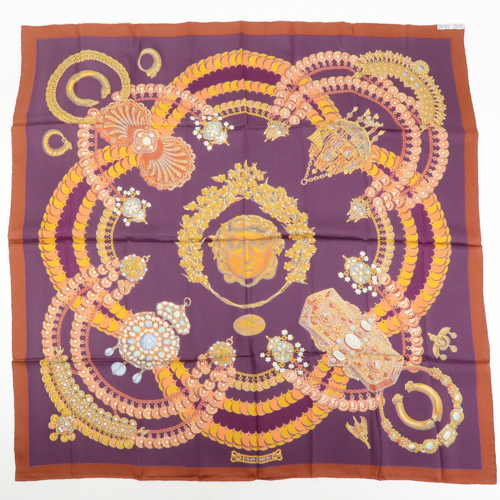 HERMES Carre 90 Silk 100% Scarf KOSMIMA Jewelry Brown Mustard Purple