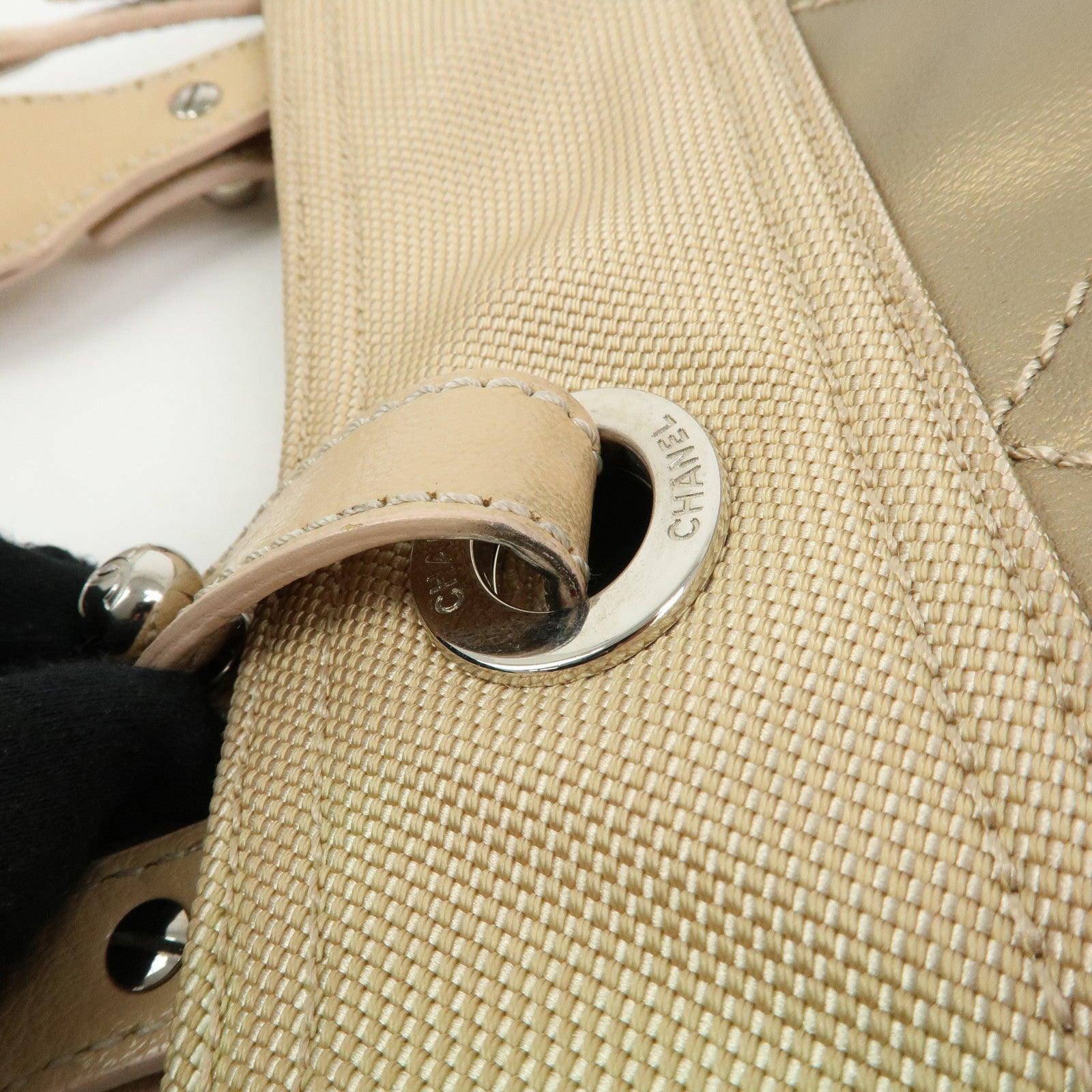 CHANEL Paris Biarritz PM Coated Canvas Leather Tote Bag Gold A34208