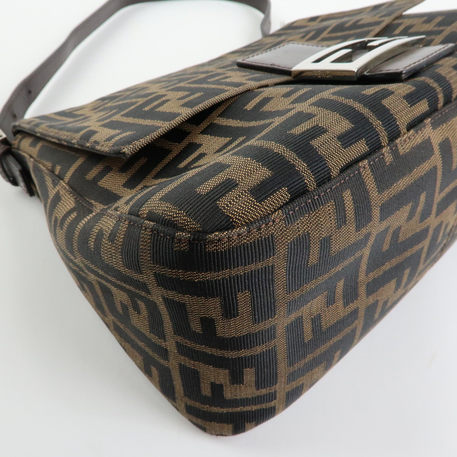 FENDI Mamma Baguette Zucca Canvas Leather Shoulder Bag Brown 26325