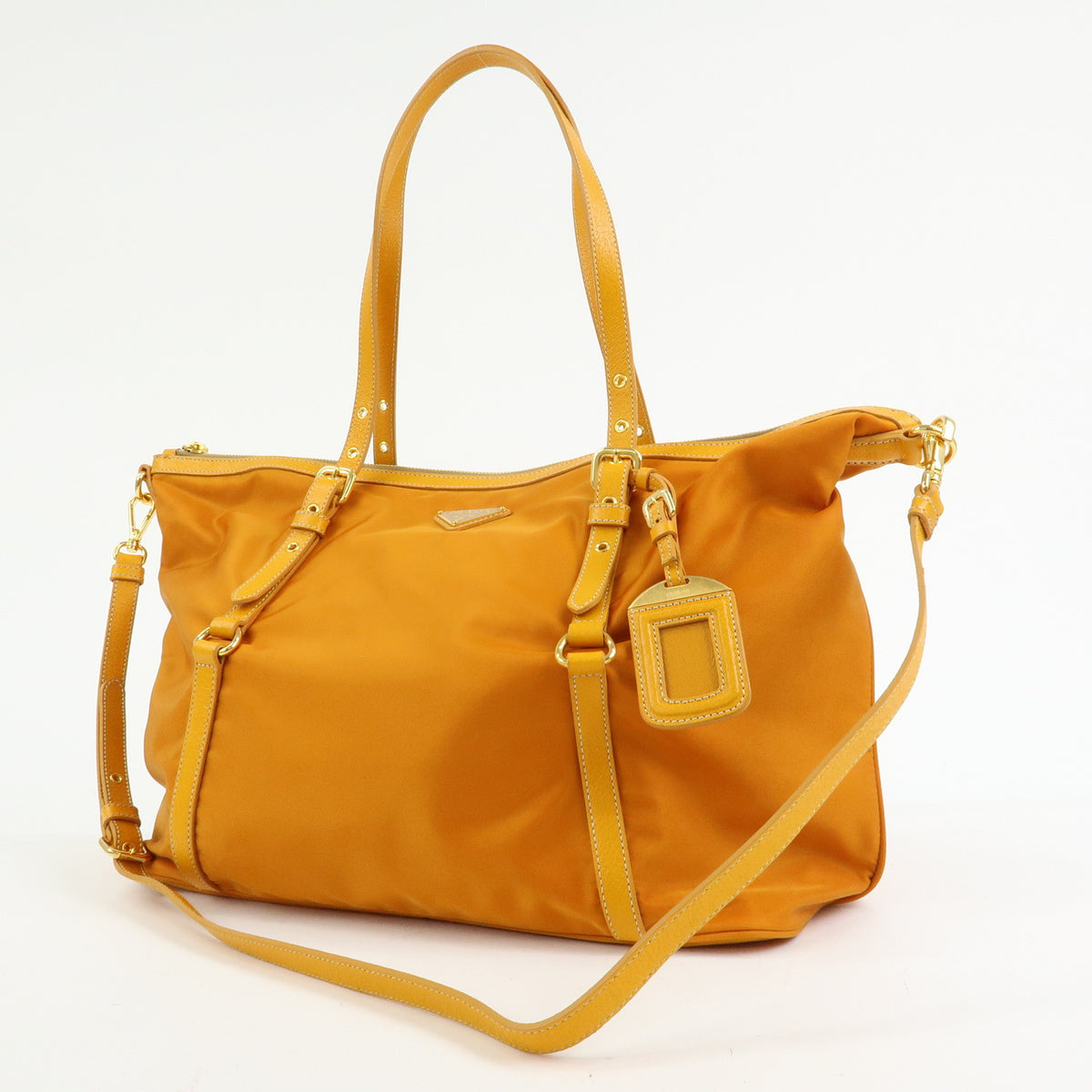 PRADA Triangle Logo Nylon Leather Tote Bag Shoulder Bag Orange BR4253