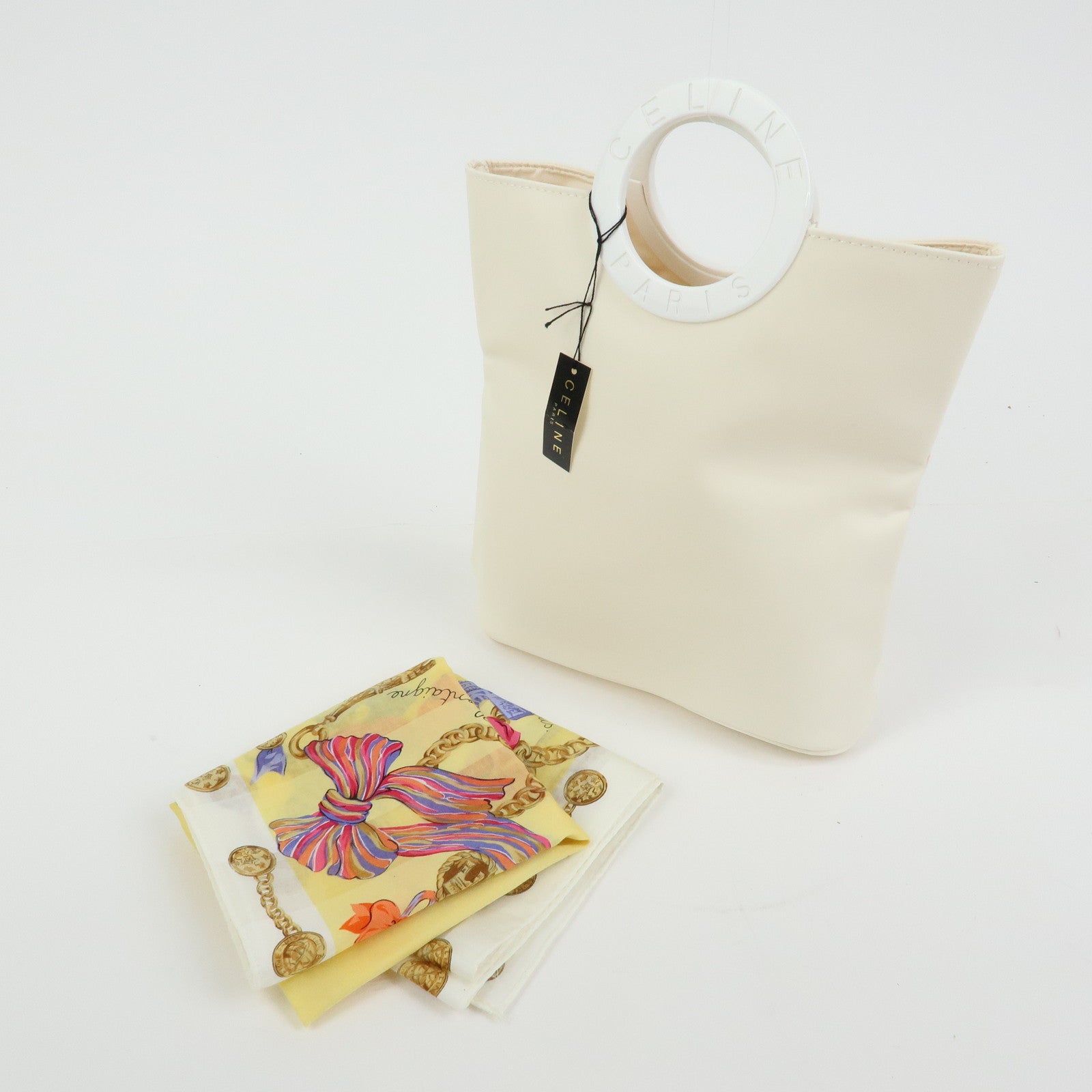 Celine Circle Logo Nylon Cotton Hand Bag Off White Yellow Multicolor