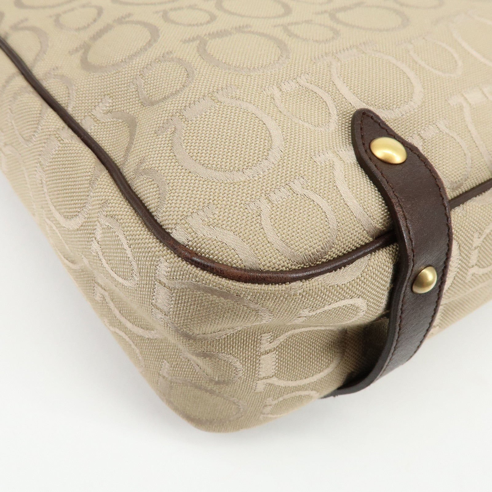 Ferragamo Gancini Canvas Leather Tote Bag Hand Bag Beige Brown