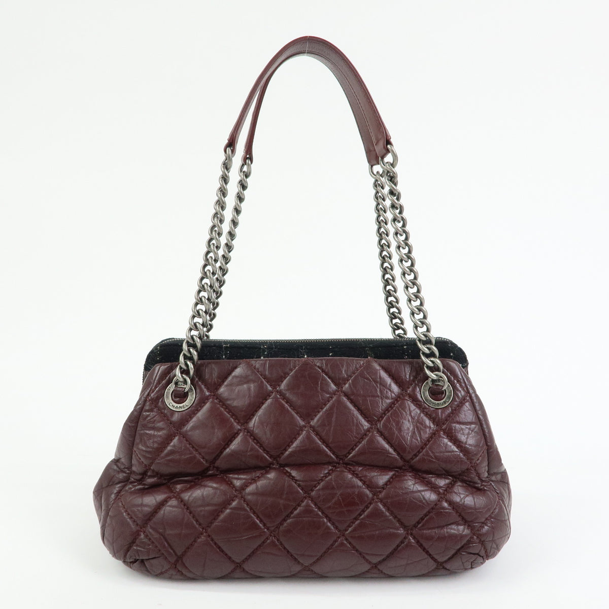 CHANEL Matelasse COCO Mark Leather Chain Shoulder Bag Bordeaux Silver