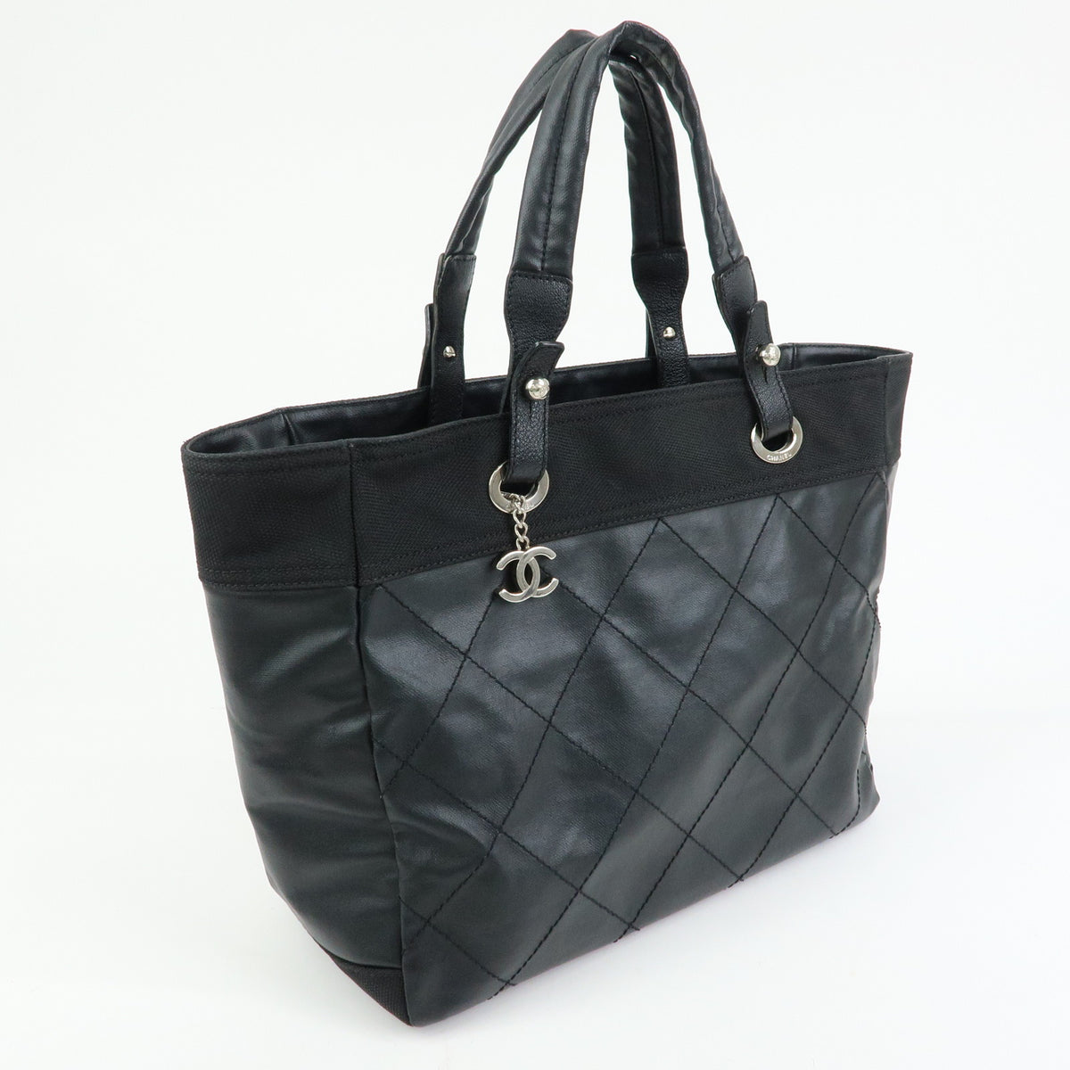 CHANEL Paris Biarritz MM PVC Leather Tote Bag Hand Bag Black A34209