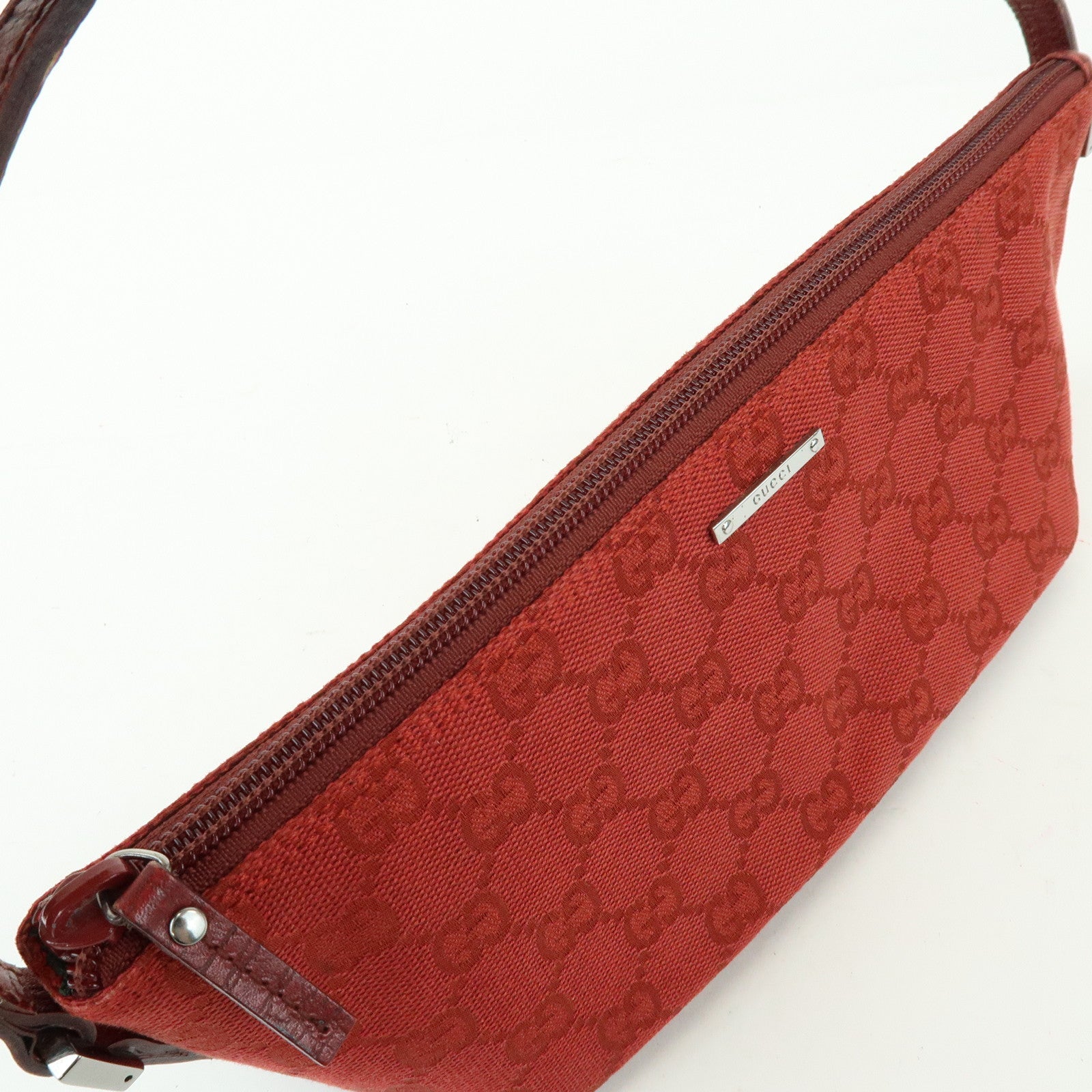 GUCCI Boat Bag GG Canvas Leather Accessory Pouch Hand Bag Red 07198