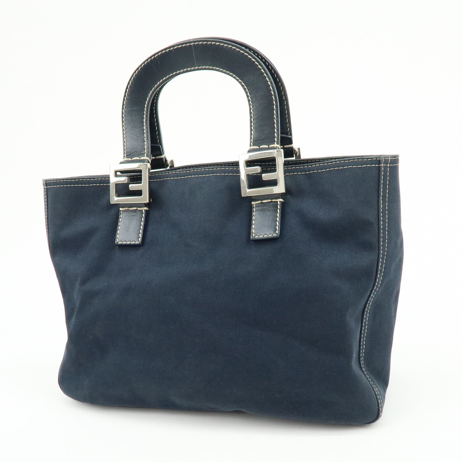 FENDI Canvas Leather Tote Bag Hand Bag White Stitch Navy 26693