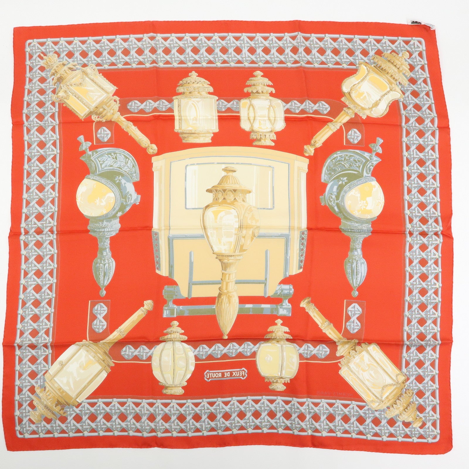 HERMES Carre 90 Silk 100% Scarf FEUX DE ROUTE Lantern Motif Red Gold