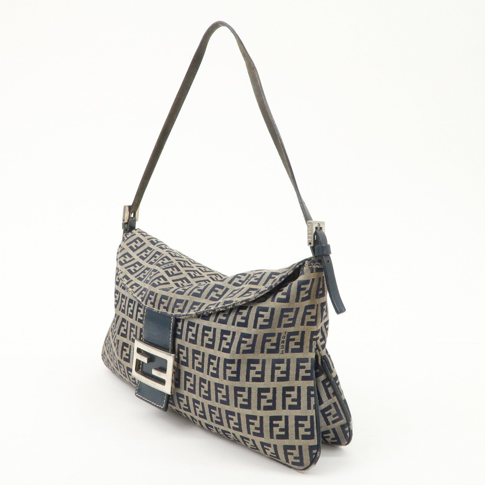 FENDI Zucchino Canvas Leather Shoulder Bag Hand Bag Grey Navy 26796 Used