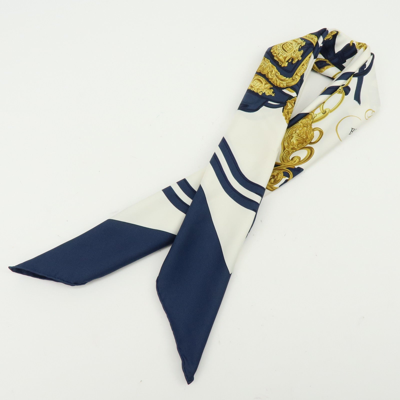 HERMES Carre 90 Silk 100% Scarf BRIDES DE GALA Navy White Gold