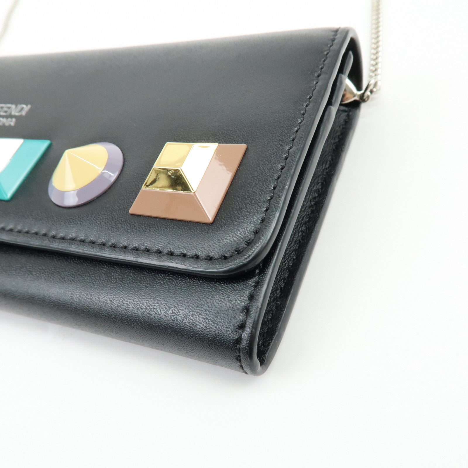 FENDI Leather Studs Chain Shoulder Wallet Long Wallet Black 8M0365