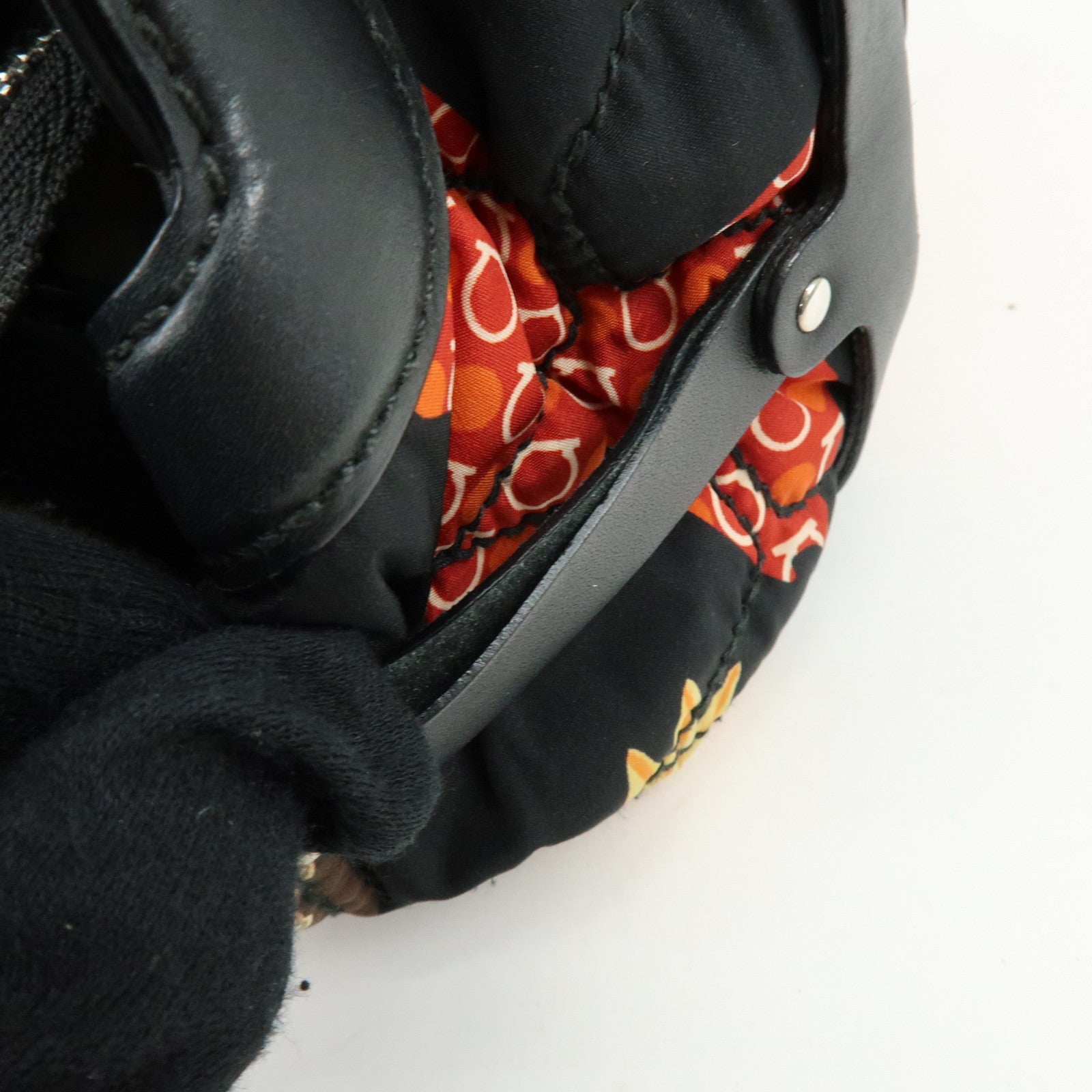 Ferragamo Nylon Quilting Leather Hand Bag Animalier Black Multicolor