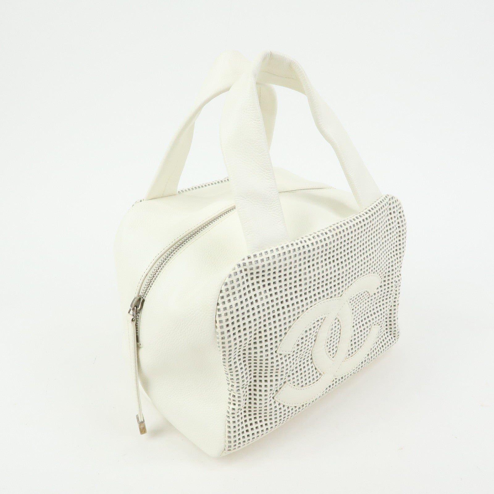 CHANEL COCO Mark Calf Leather Hand Bag Perforated Design Ivory