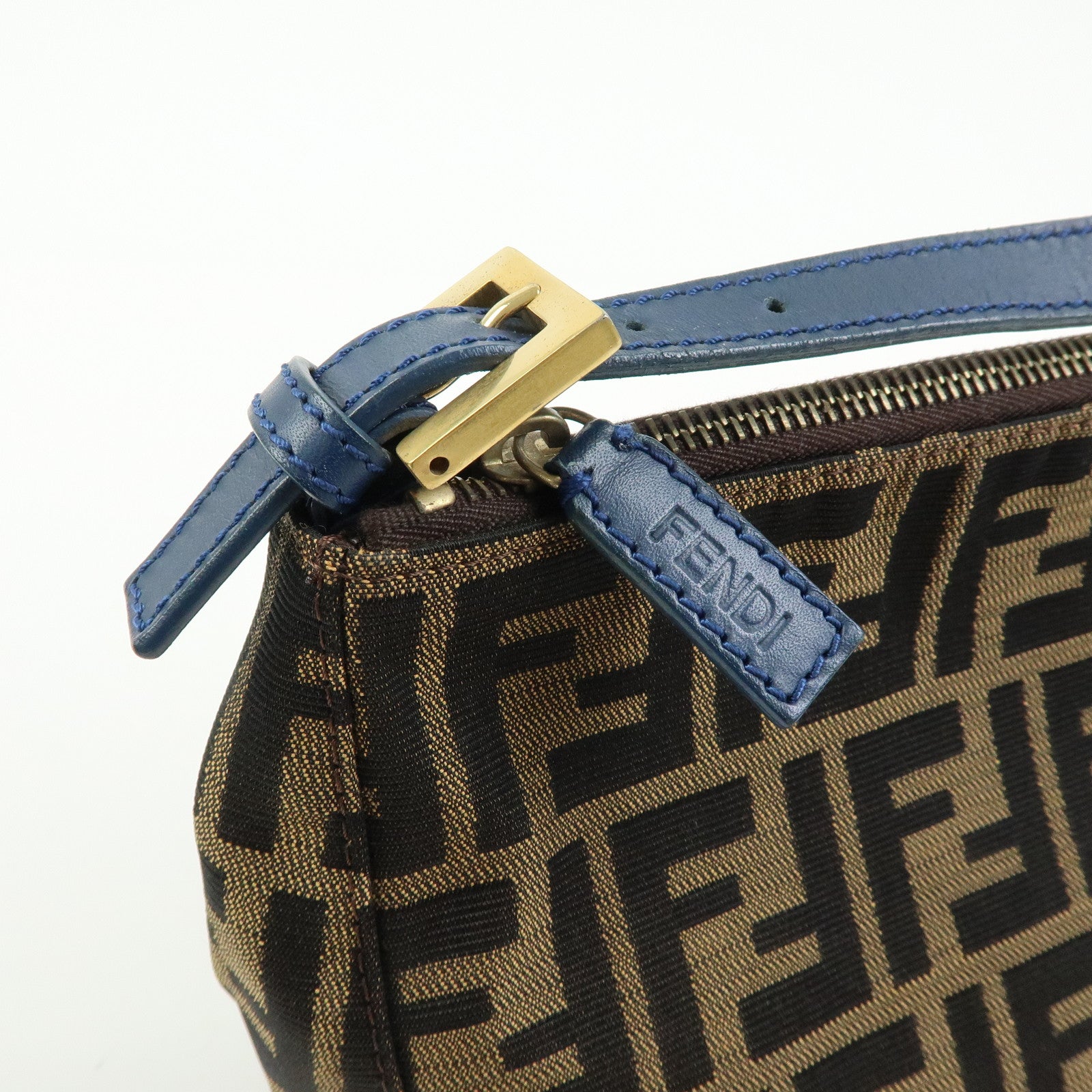FENDI Zucca Canvas Leather Hand Bag Accessory Pouch Brown Blue 8N0005