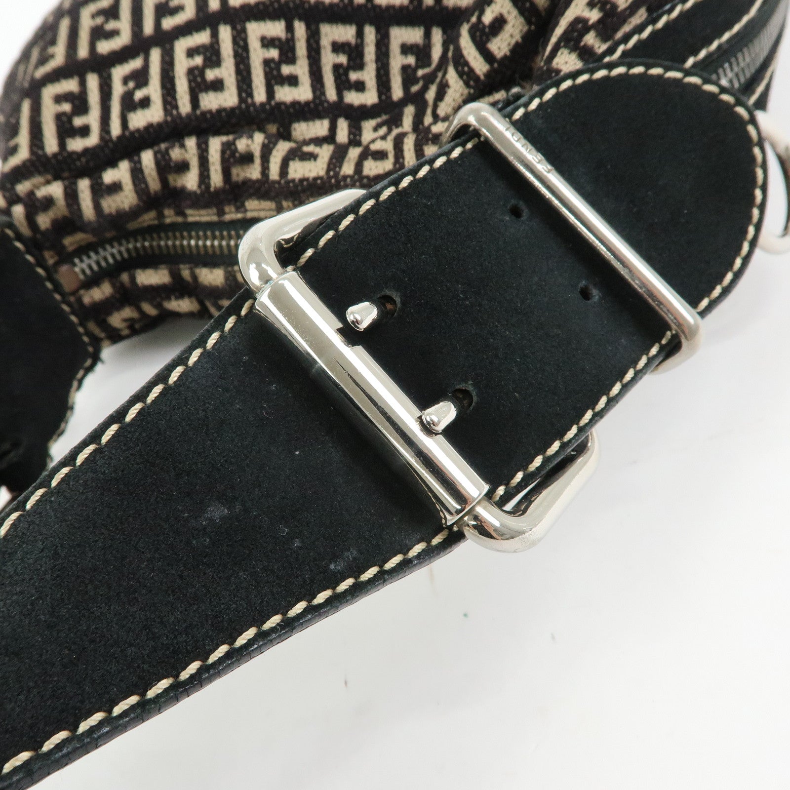 FENDI Zucchino Canvas Leather Shoulder Bag Hand Bag Black Beige