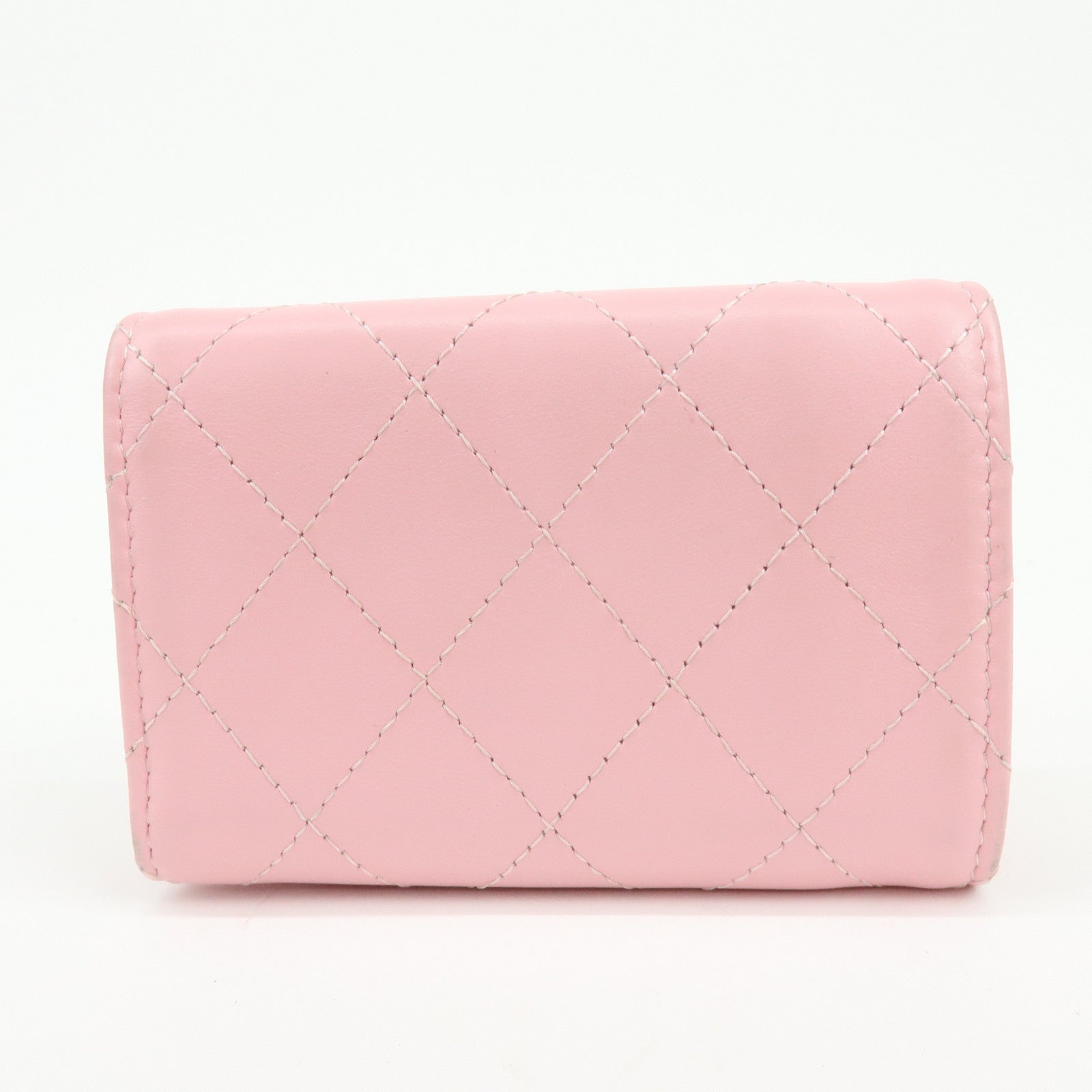 CHANEL COCO Mark Wild Stitch Calf Skin Tri-Fold Compact Wallet Pink
