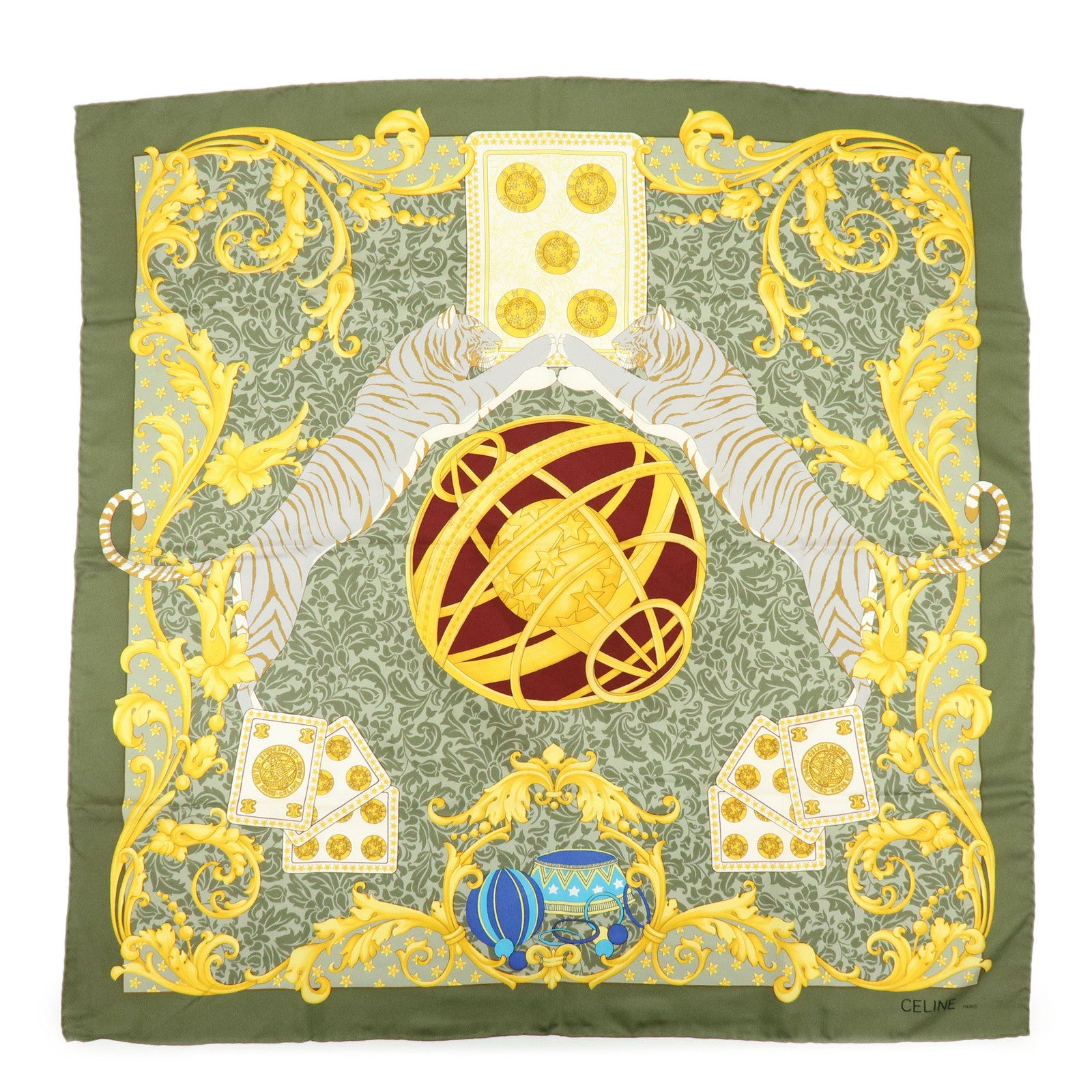 CELINE Silk100% Tiger Print Baroque Motif Scarf Shawl Green Yellow