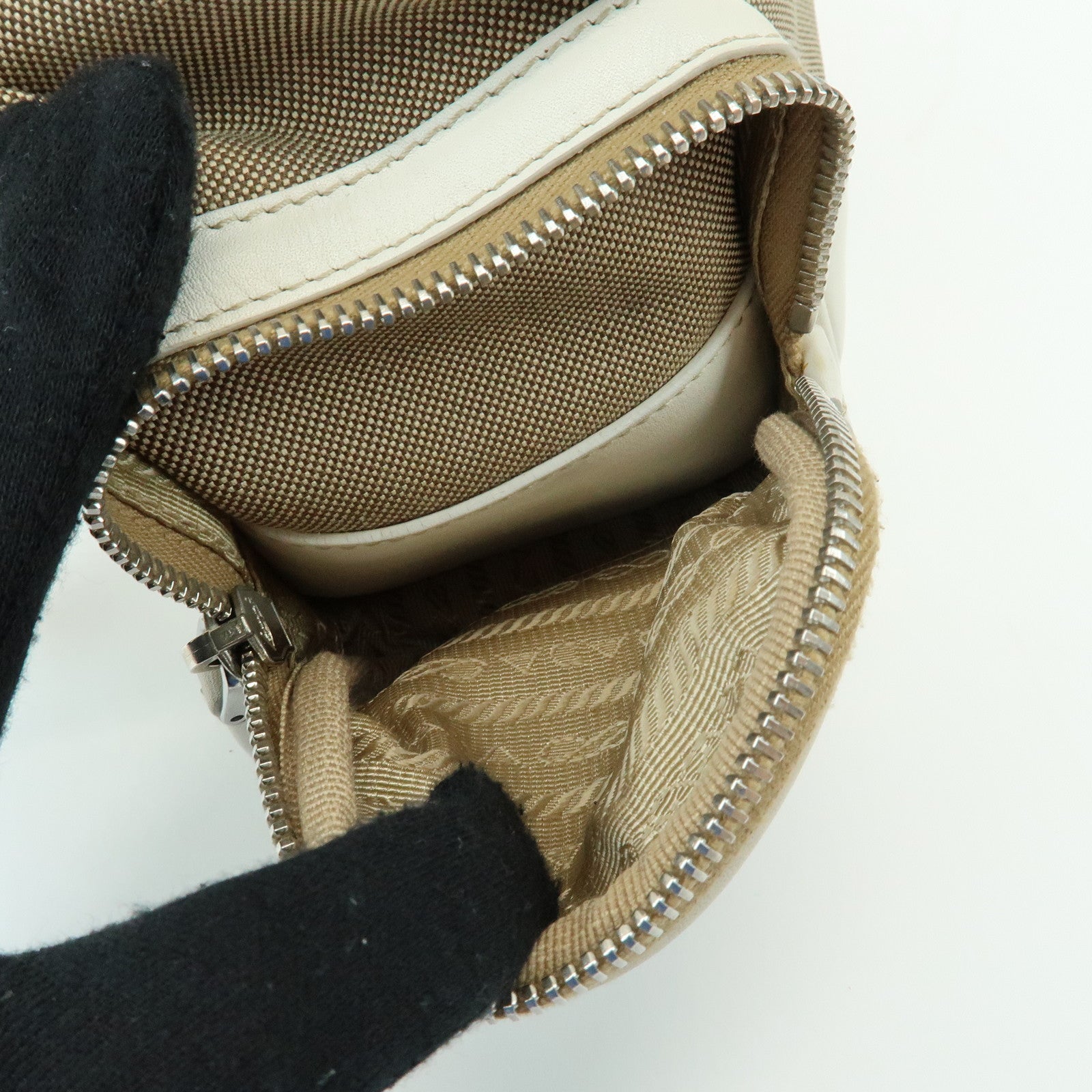 PRADA Triangle Logo Nylon Jacquard Leather Shoudler Bag Beige Ivory