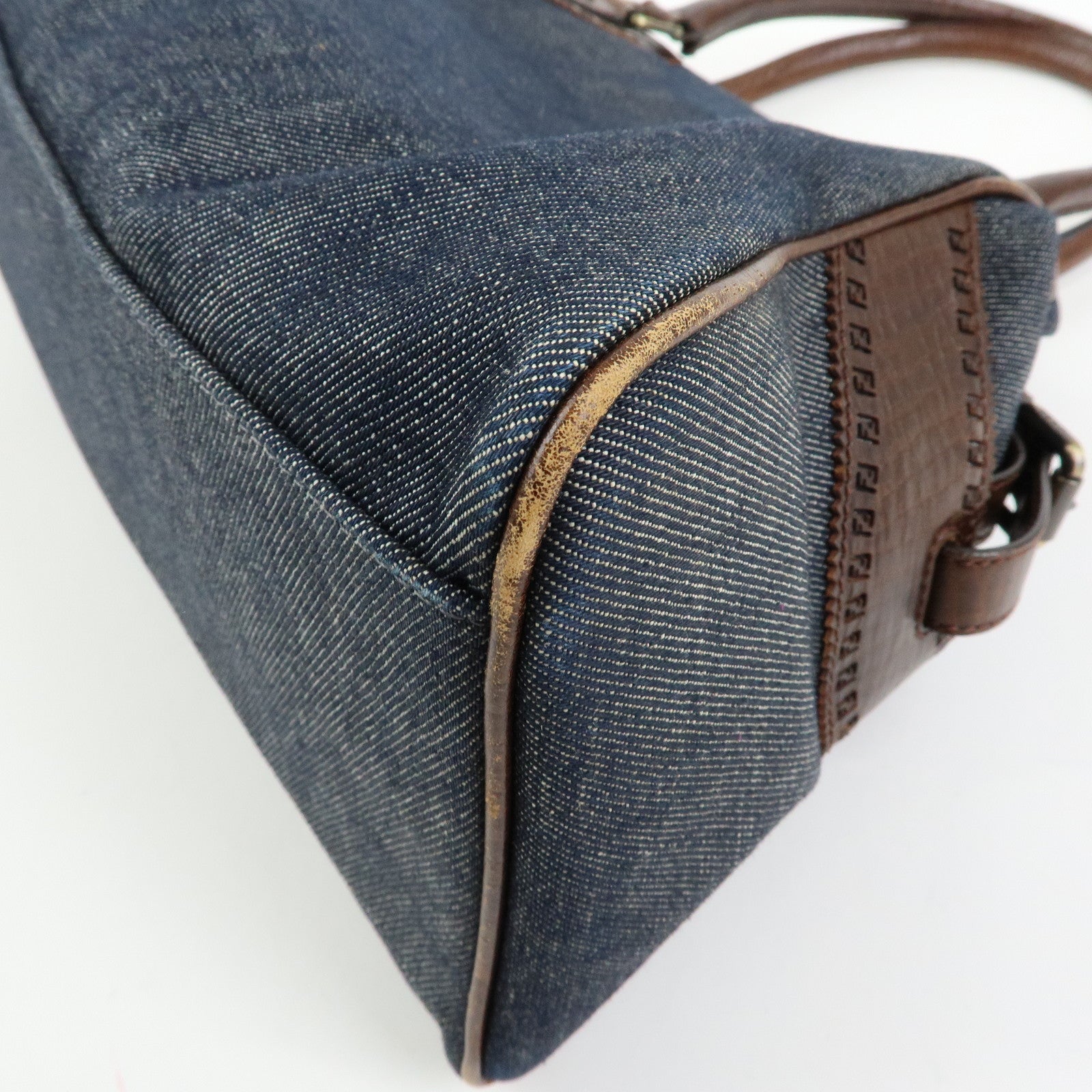 FENDI Etnico Leather Denim Tote Bag Shoulder Bag Brown Blue 8BN162