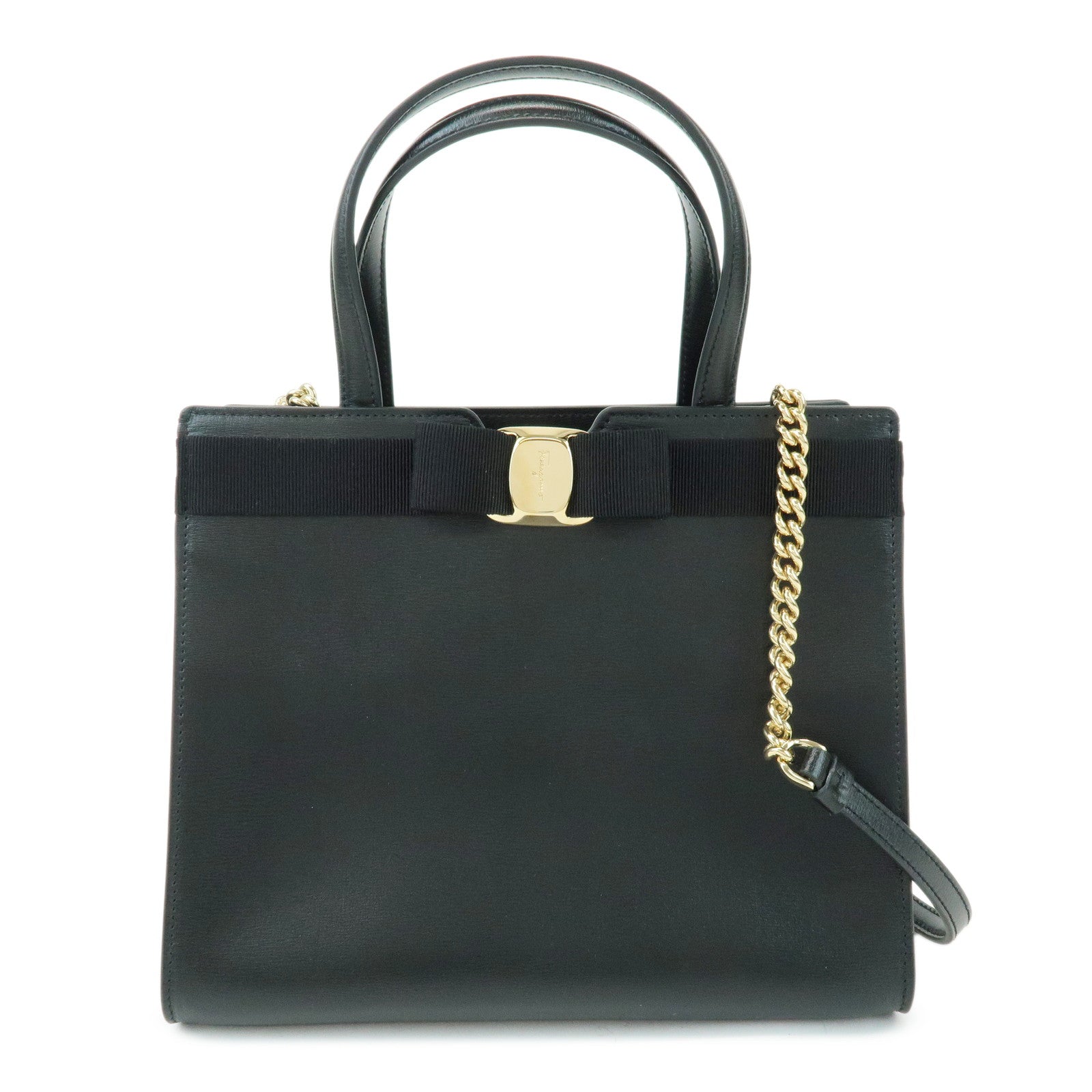 Ferragamo Vara Ribbon Leather 2Way Bag Hand Bag Black AU-21 1290
