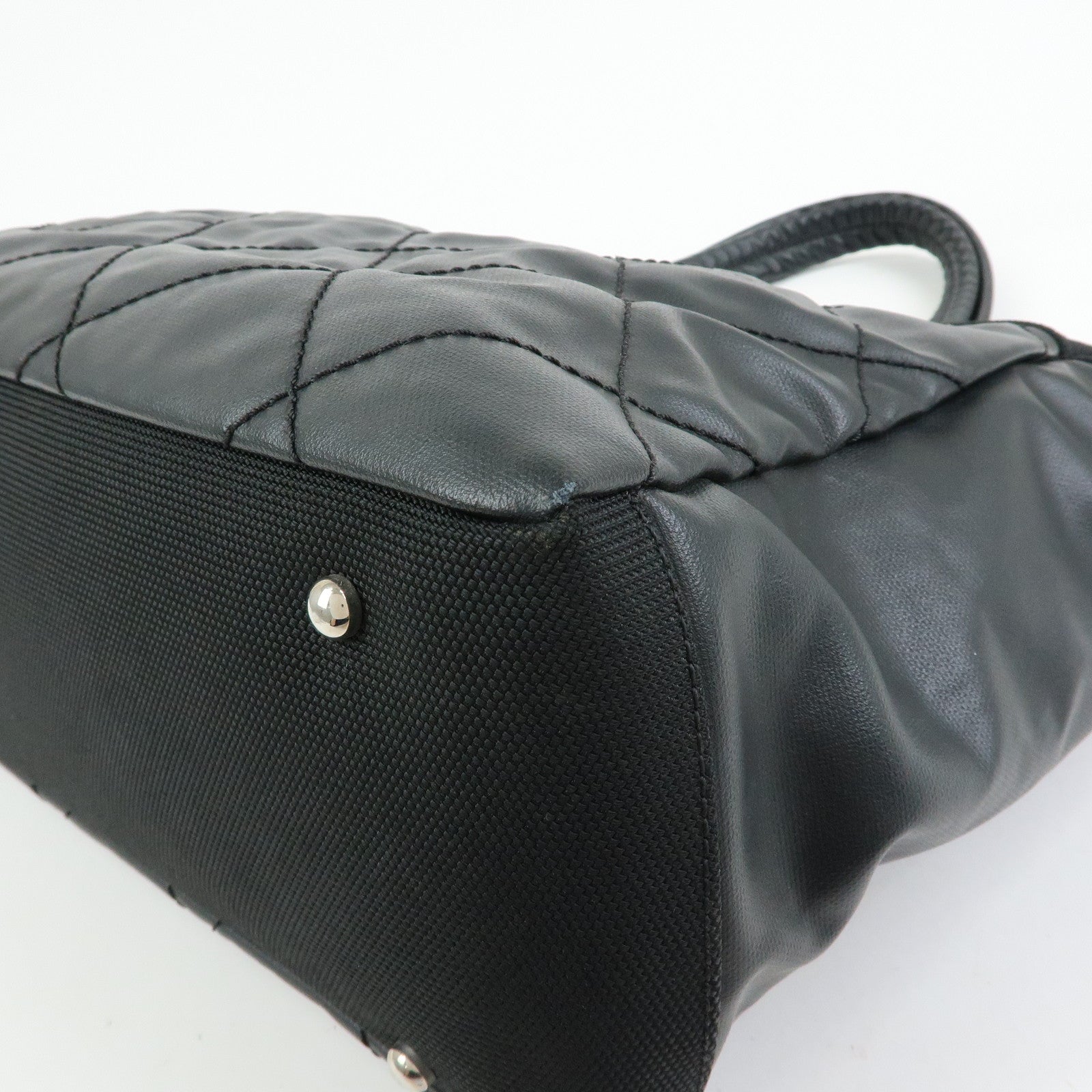 CHANEL Paris Biarritz MM Leather Canvas Tote Bag Hand Bag Black A34209