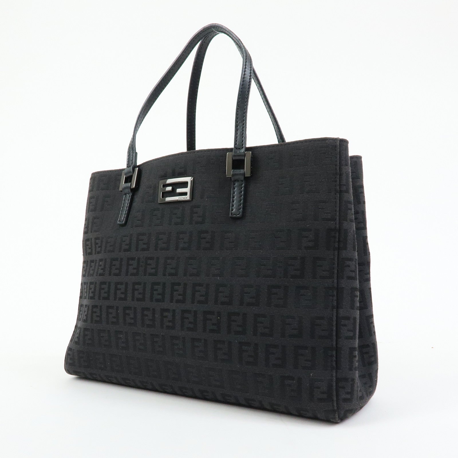 FENDI Zucchino Canvas Leather Hand Bag Tote Bag Black 8BH132