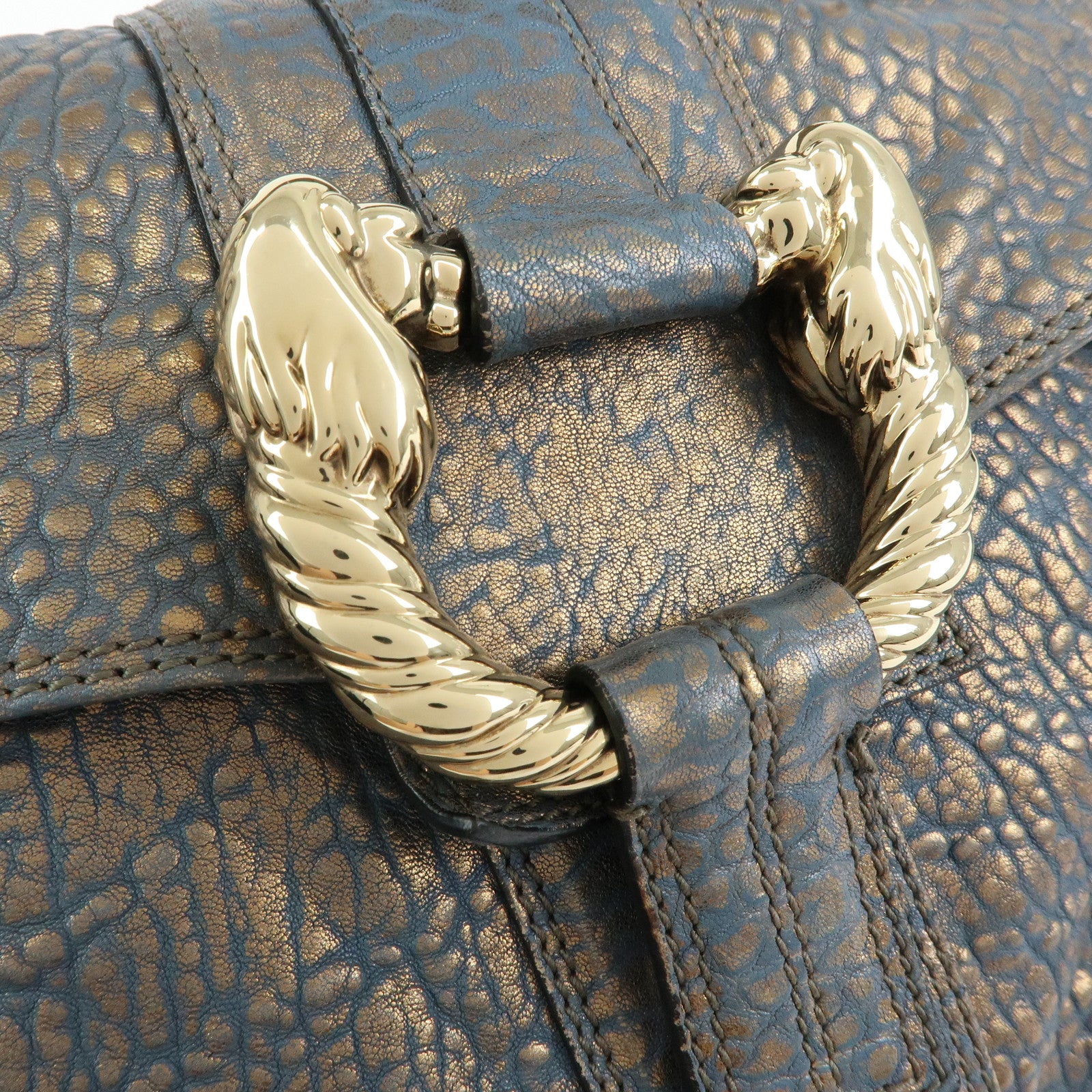 BVLGARI Leoni  Leather Top Handle 2Way Bag Shoulder Bag Blue Bronze