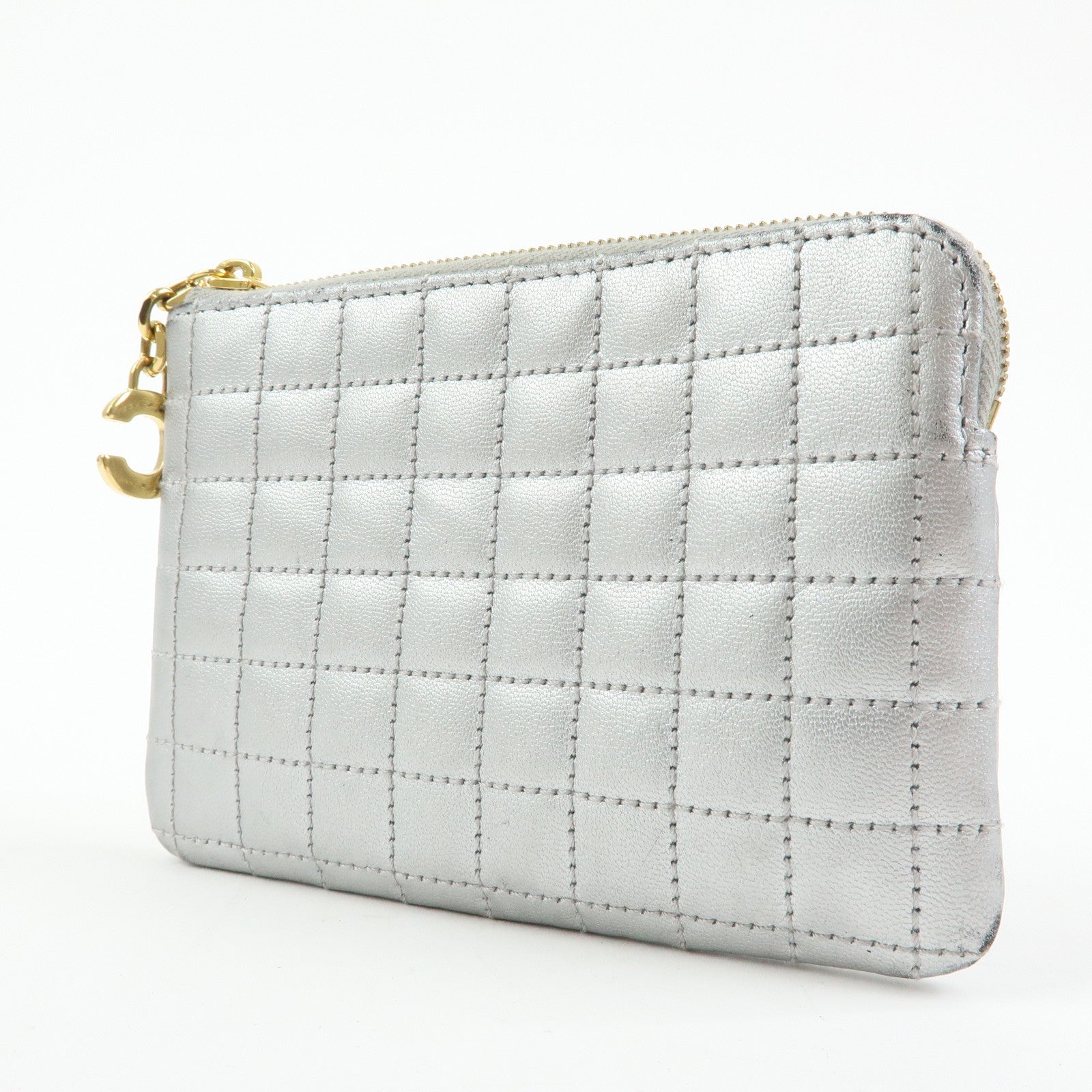 CELINE Leather C Charm Coin Case Coin Purse Metallic Silver