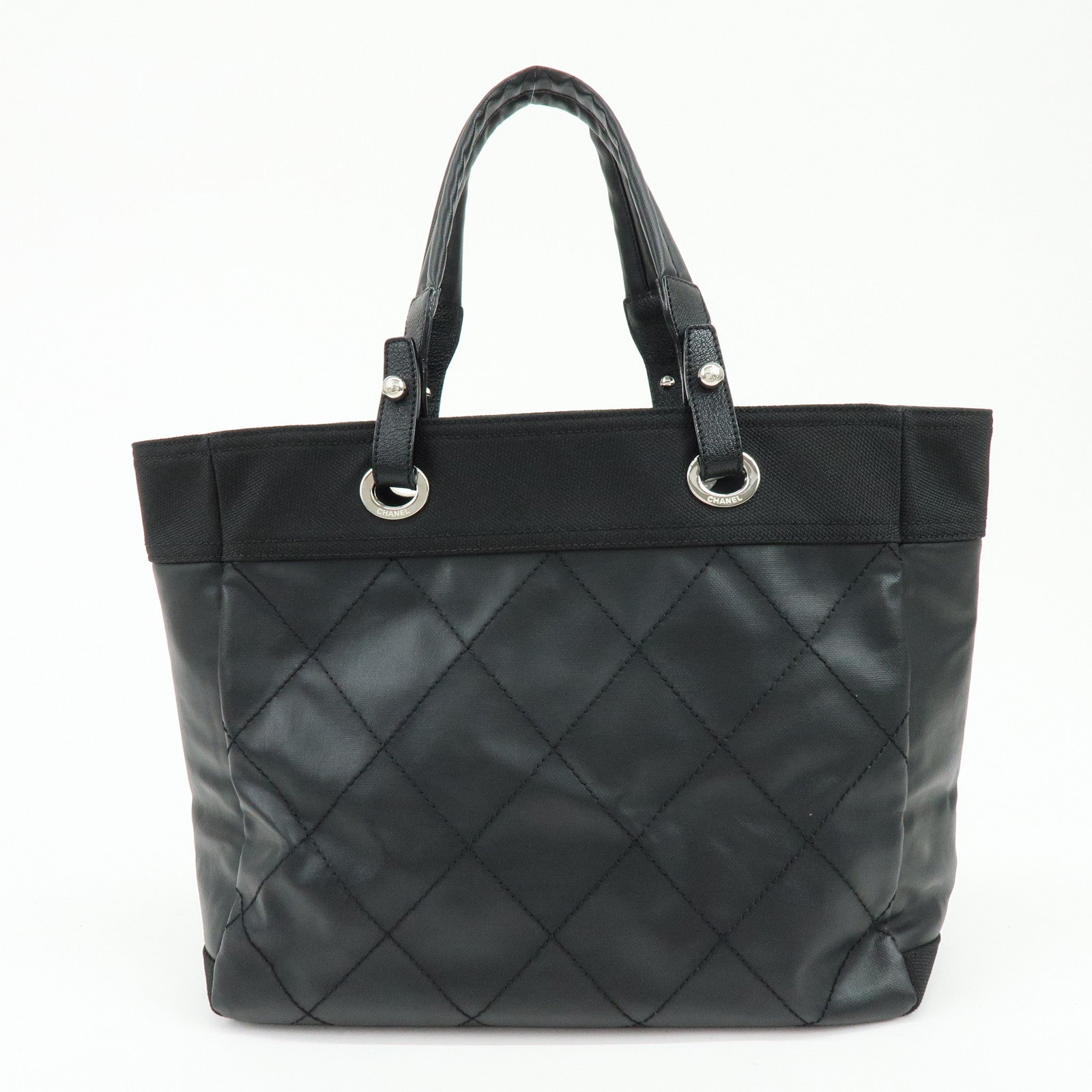 CHANEL Paris Biarritz COCO Mark Leather Canvas Tote Bag Black A34209