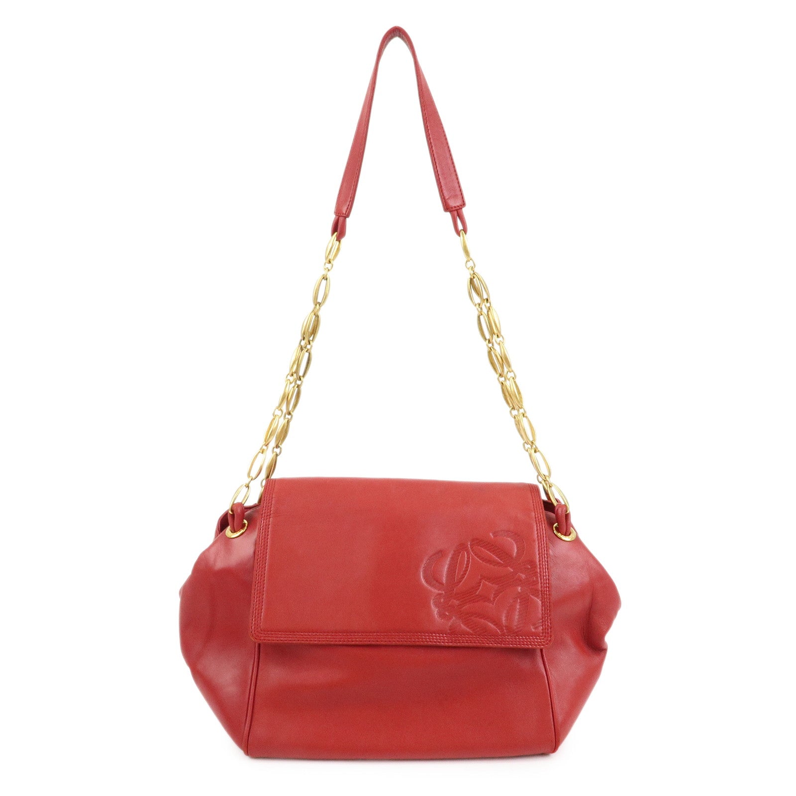 LOEWE Anagram Nappa Leather Chain Shoulder Bag Red Gold