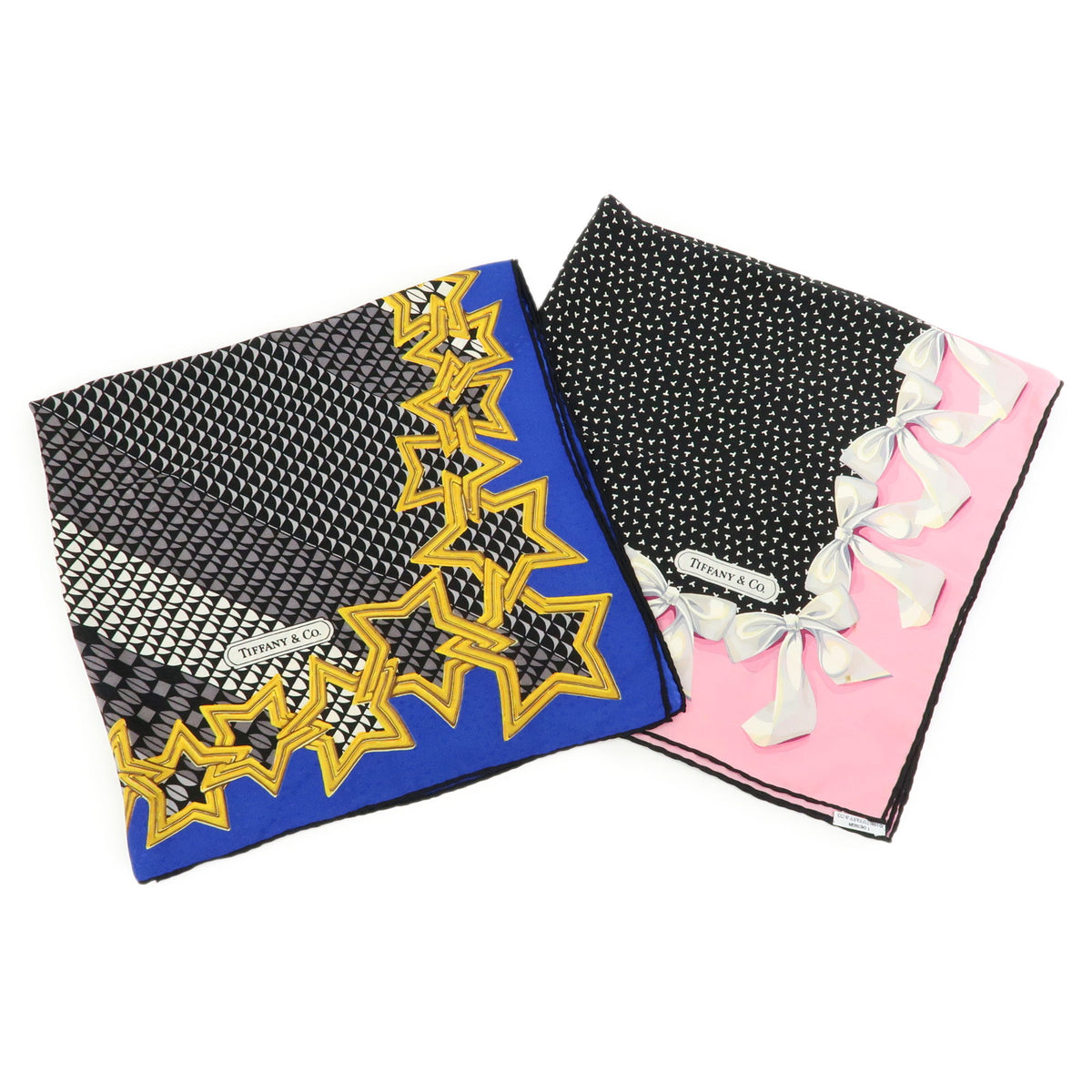 Tiffany & Co Lot of 2 Silk 100% Scarf Ribbon Star Motif Black Pink Blue