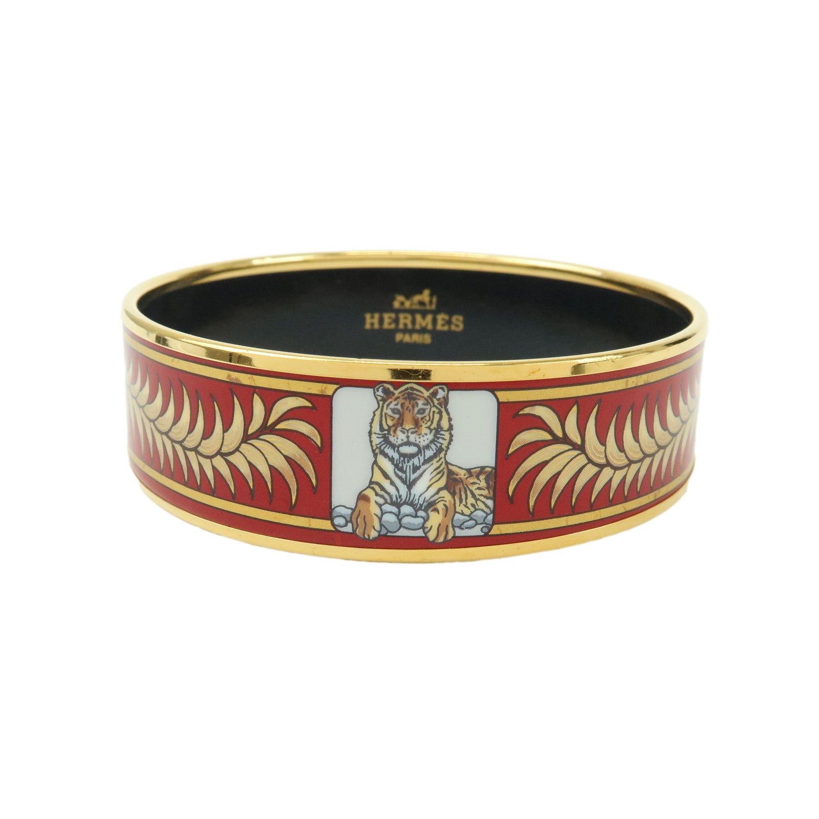 HERMES Email MM Gold Plated Bangle Bracelet Tiger Motif Red Gold