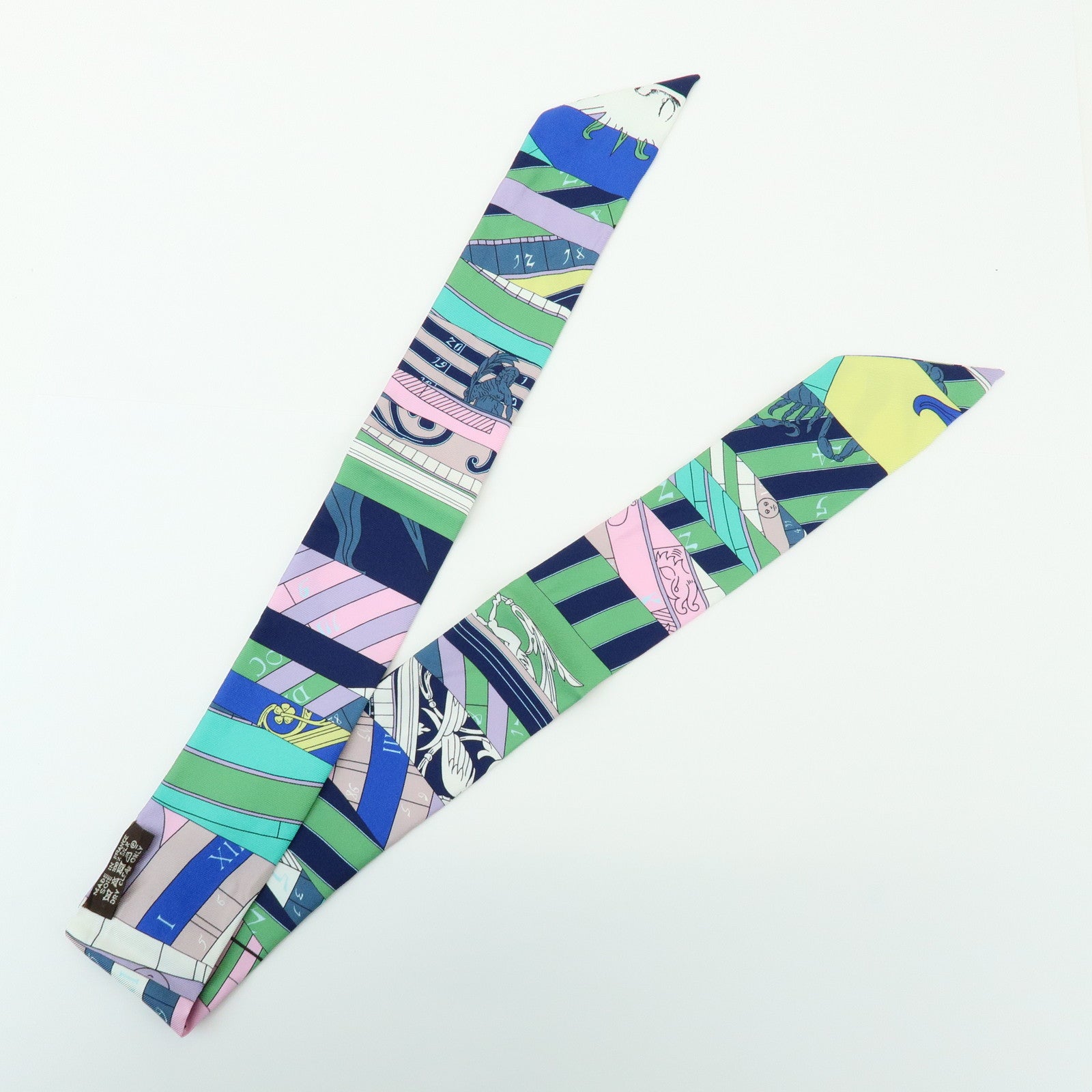 HERMES Twilly Silk 100% Scarf ASTROLOGIE NOUVELLE Green Blue Pink